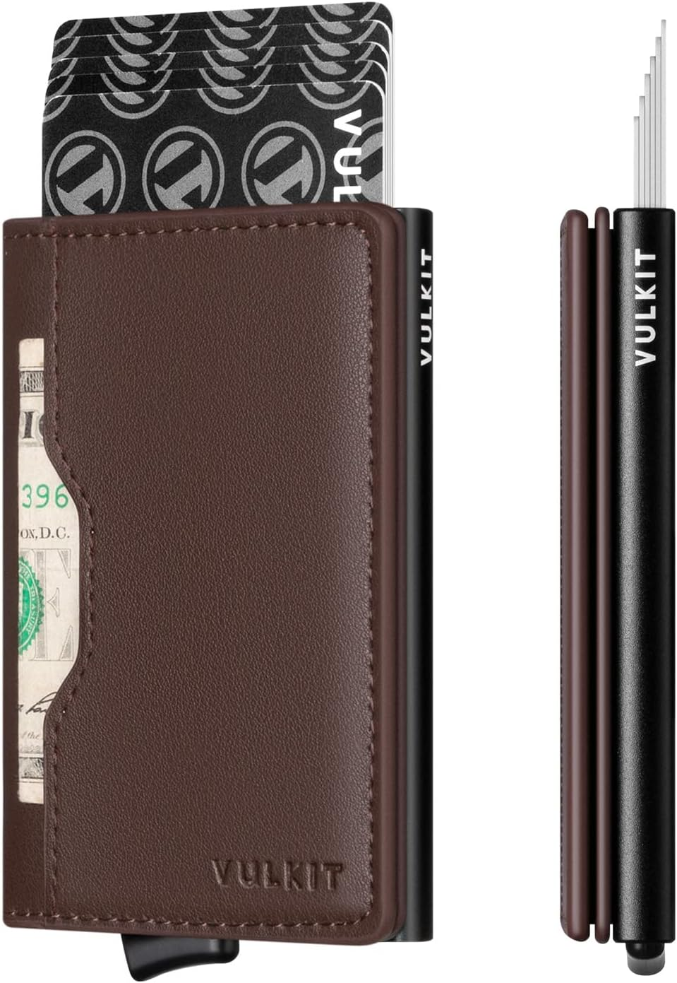 VULKIT Slim Pop up Wallet for Women Minimalist Credit Card Holder with Leather Slots Men'S Bifold RFID Blocking Metal Wallets(Dark Brown) - Cf Black image number 6