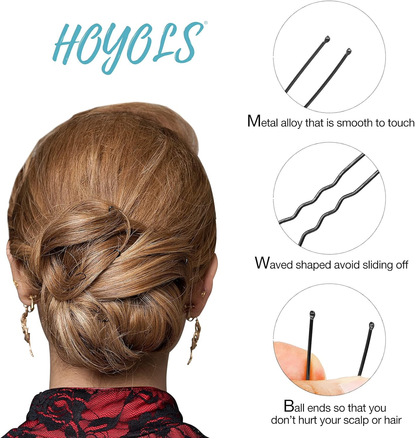 Hoyols U Shaped Hair Bobby Pins Black, Metal Curved Curly Waved Bun Clips Bobby Pins for Buns Women Girls Grips Hairstyle Salon Accessories Updo, 100 Count 2.4 in (Black) image number 2