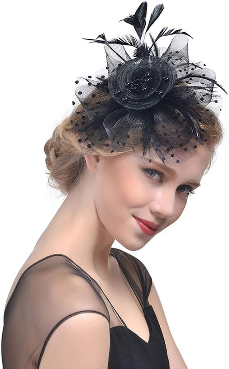 Beaded Feather Net Flower Bridal Derby Hat Fascinator with Clip Hairband