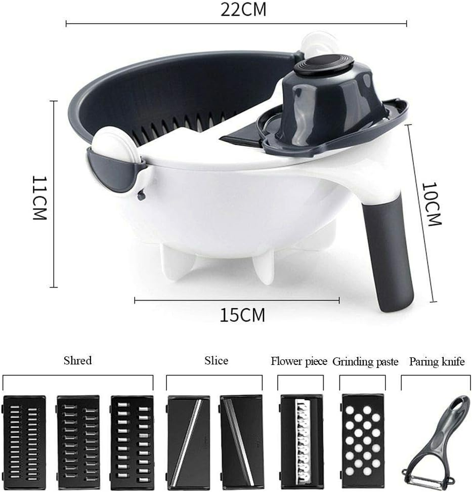9-In-1 Multi-Functional Rotate Vegetable Cutter Manual Slicer Fruit Cutter Mandoline Choppers Veggie Fruit Shredder Grater Large Capacity Vegetable Drainer Draining Basket Carrot Potato Cutting Tool image number 2