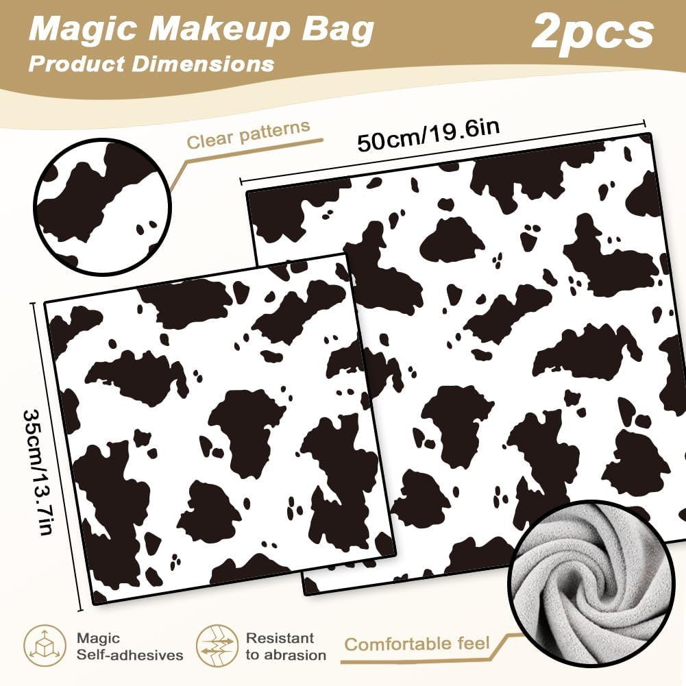 Doodlream 2 Sheets Self-Adhesive Magic Cloth Cow Print Travel Makeup Bag Organizer & Scratch-Resistant Camera Lens Protective Wrap, Reusable Portable Cosmetic Pouch (50X50Cm/35X35Cm), Black and White