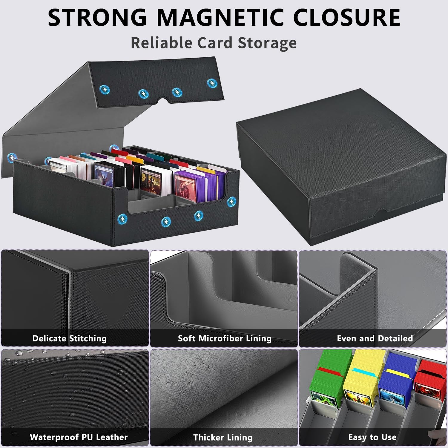 MTG Deck Box, Card Deck Case Black&Grey, 2400+ Trading Card Storage Box, PU Leather Magnetic Closure Commander Storage Boxes Magic Cards Protectors Fit for Yugioh, MTG and Sport Cards&hellip;