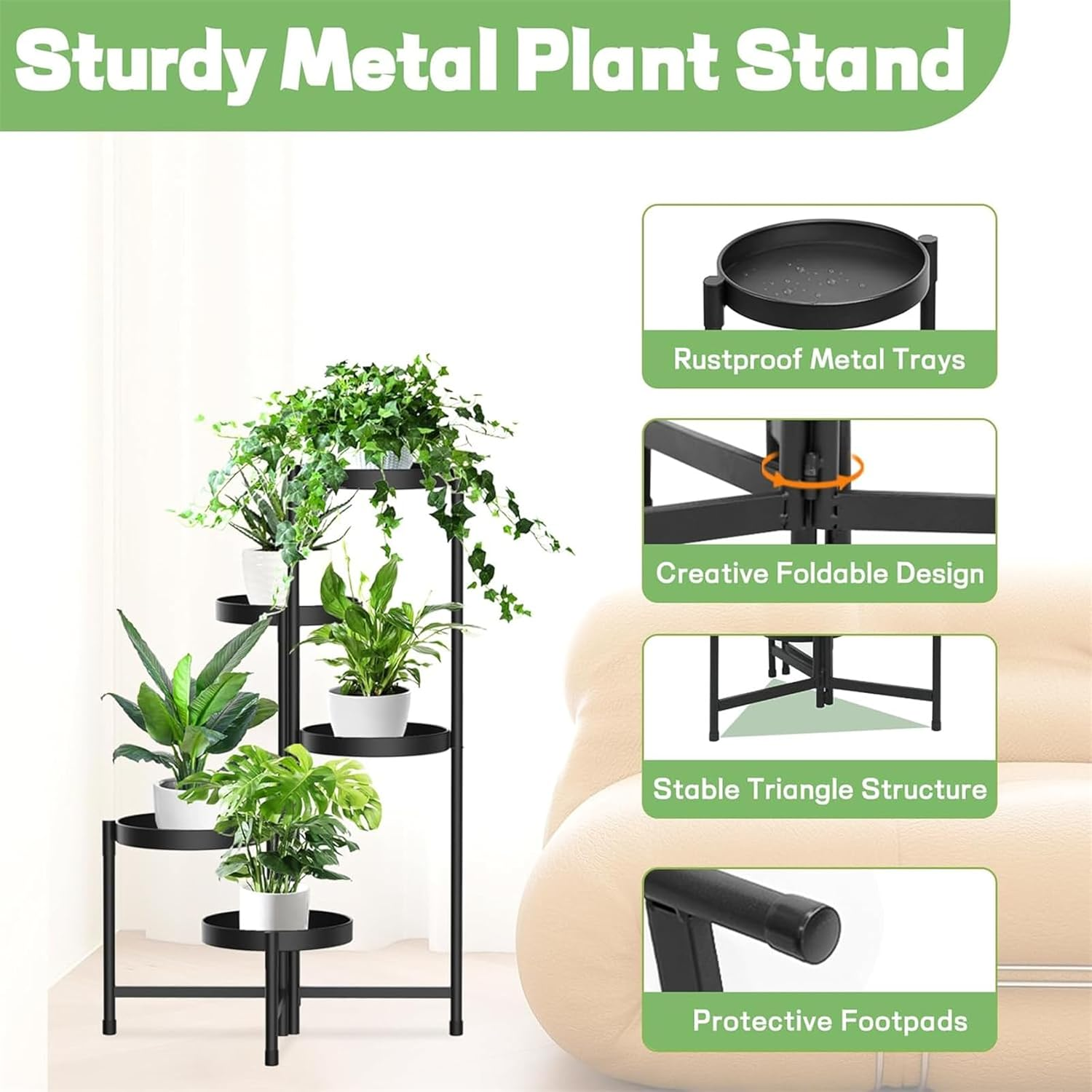 Yamibobo 5 Tier Black Iron Plant Stand for Indoor Outdoor, Foldable Corner Tall Plant Shelf, Flower Pot Holder Display Stand for Living Room Balcony Garden Patio image number 4
