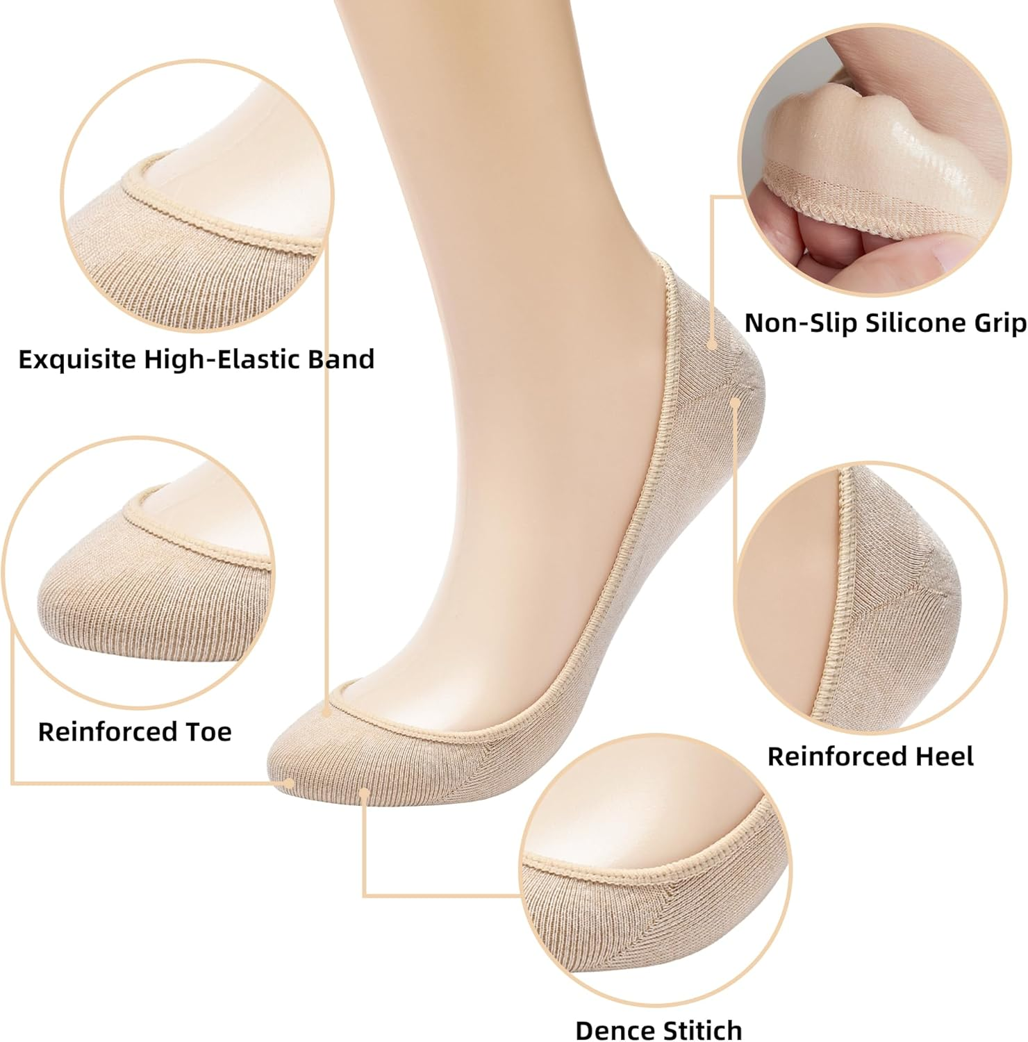 6 Pairs No Show Socks Womens, Ultra Low Cut Liner Non Slip Footies Socks for Flats Invisible Boat Shoe Size 5-9/9-11 image number 4