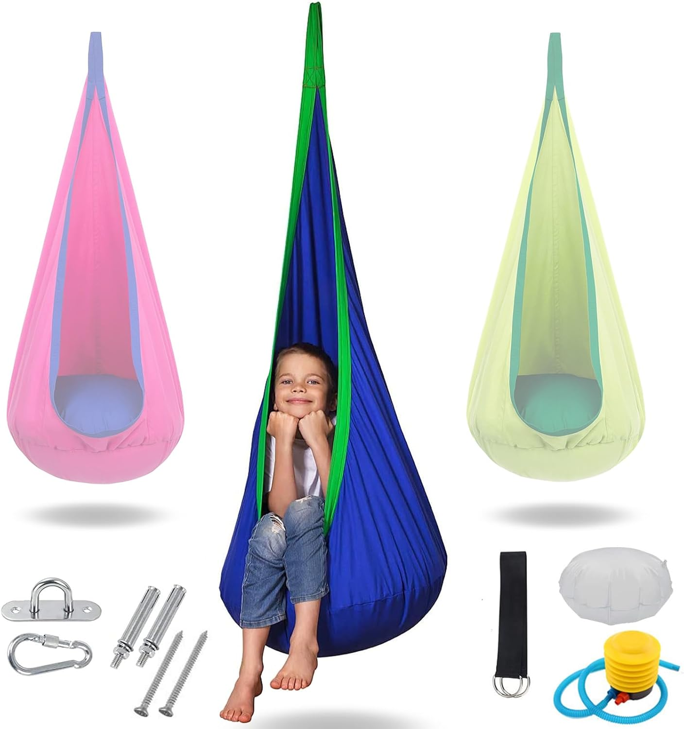 Visuivit Kids Pod Swing Seat, Cotton Child Chair with Inflatable Pillow, Sensory Swing Chair with Pocket for Outdoor and Indoor, Max 170Lbs/77Kg (Red)