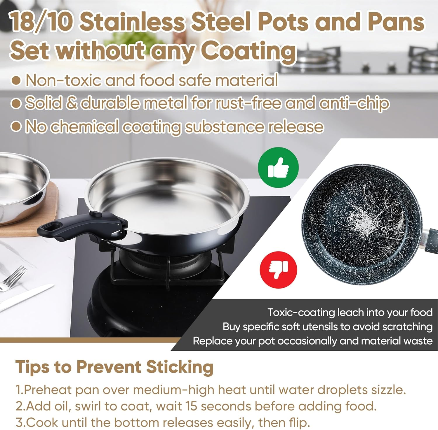 E-Far 9Pcs Pots and Pans Set, Stainless Steel Cookware Set with Detachable Handle, All-Clad 3-Ply Kitchen Cookware Sets with Removable Handle, Induction Cooking Set for RV Camping, Oven Safe image number 3