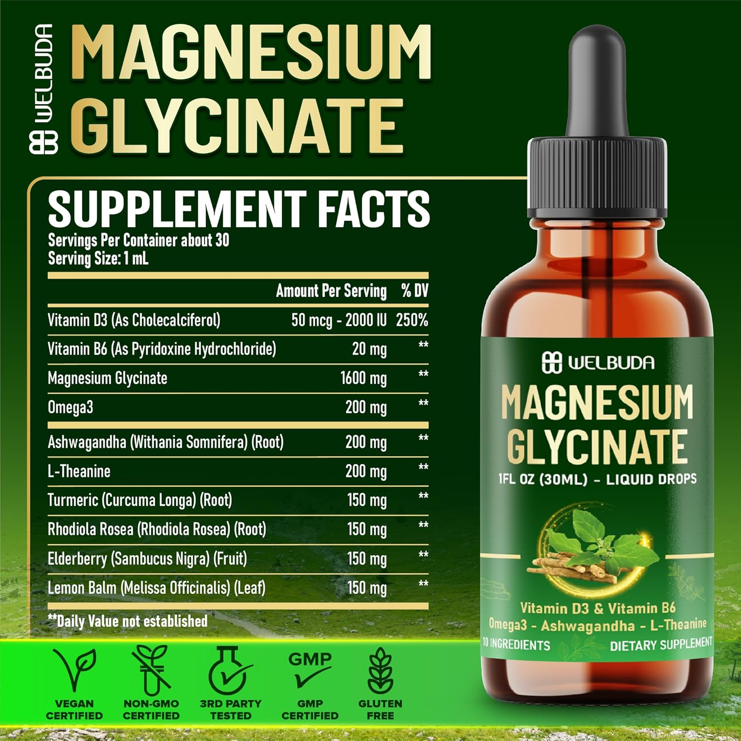 10In1 Magnesium Glycinate Liquid Drop with Omega-3, Vitamin D3, Vitamin B6, Ashwagandha, L-Theanine, Turmeric, Rhodiola Rosea, Elderberry, Lemon Balm - 1 FL Oz - 30 Days Supply image number 6