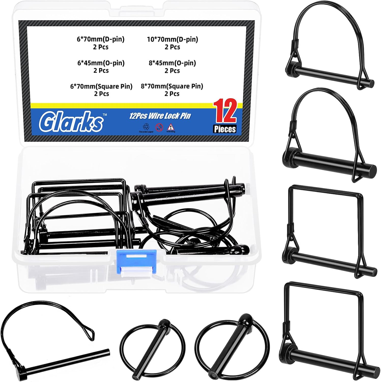 Glarks 9Pcs 4.5/6/8/10/11Mm Lynch Pins and Square & Arch Shapes Wire Lock Pins Set, 3 Styles Hitch PTO Pins, Towing PTO Shaft Hitch Pins, Wire Lock Trailers Pins for Mechanics, Cars image number 1