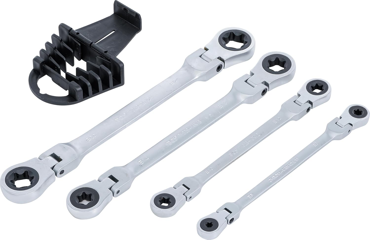 BGS 71028 | Double Ratchet Ring Spanner Set | Angled | with E-Profile Ring Heads | SW E6 - E24 | 4-Piece Set image number 1