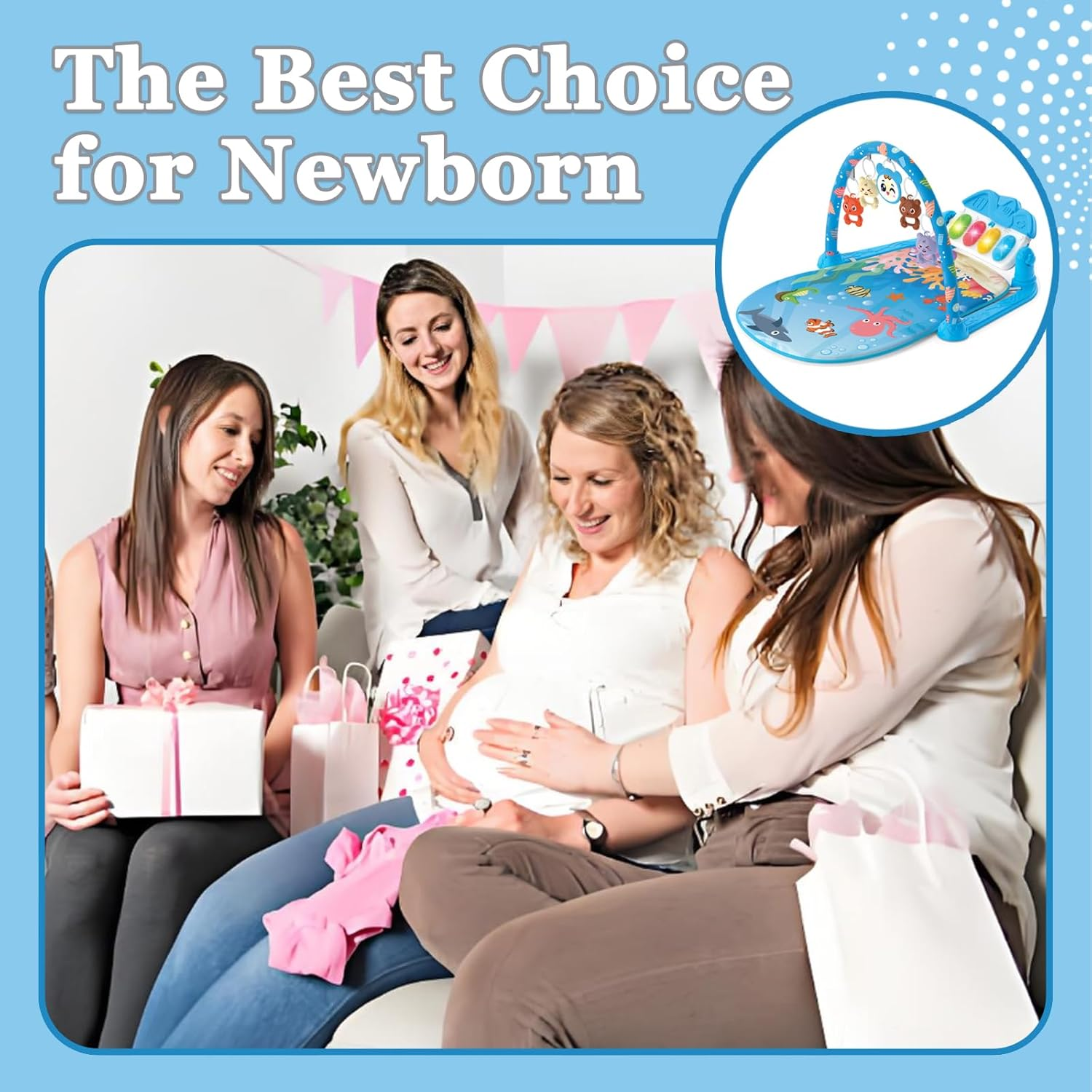 Baby Gyms Play Mats, Funny Play Piano Tummy Time Baby Activity Mat with 5 Infant Sensory Baby Toys Baby Play Piano Gym Mat with Music and Light for Babies Newborns and Toddlers (Blue) image number 3