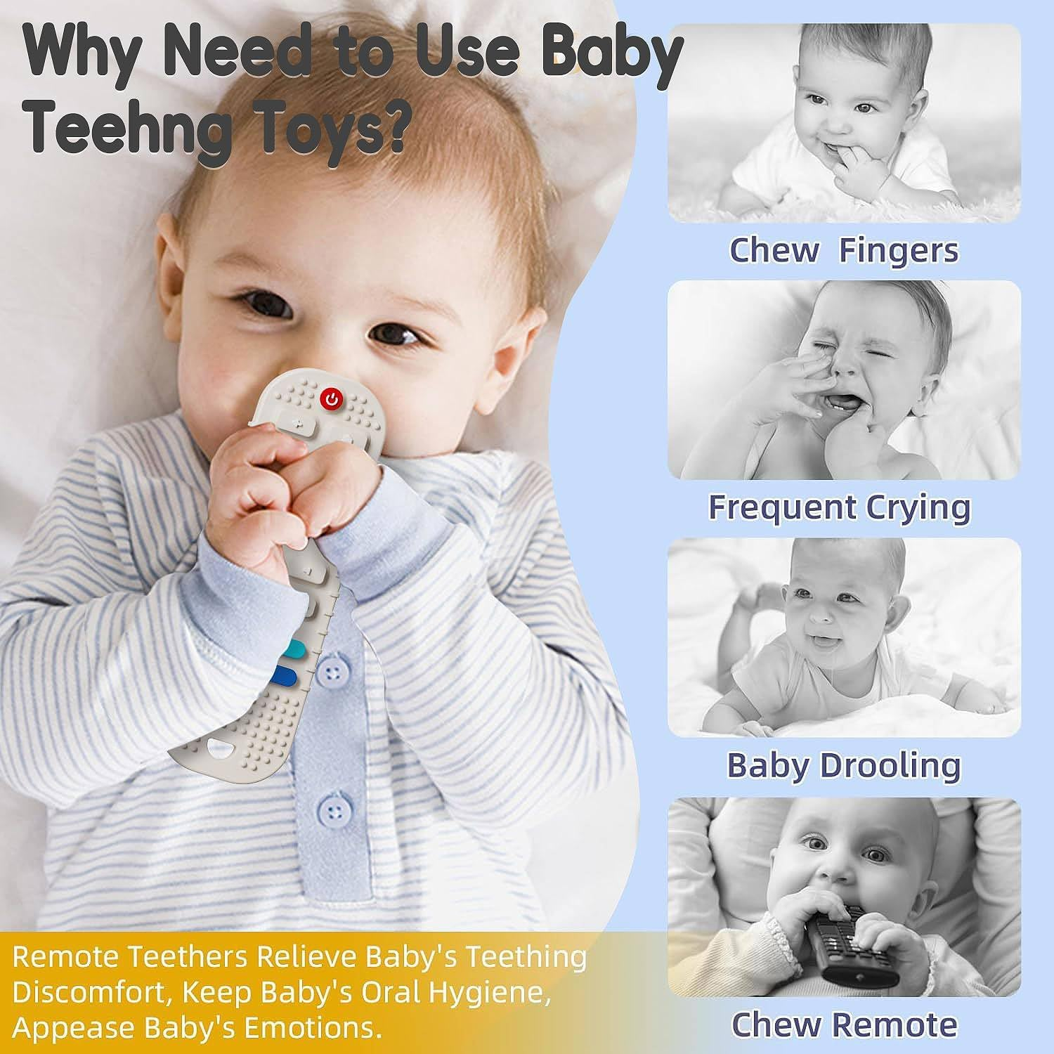 2 Pack Soft Silicone Teething Toys for Toddlers, Babies 0 3 6 9 12 18 Months - Boys Baby Molar Teether Chew Toys Set Gift, TV Remote Control(Black + Grey) image number 5