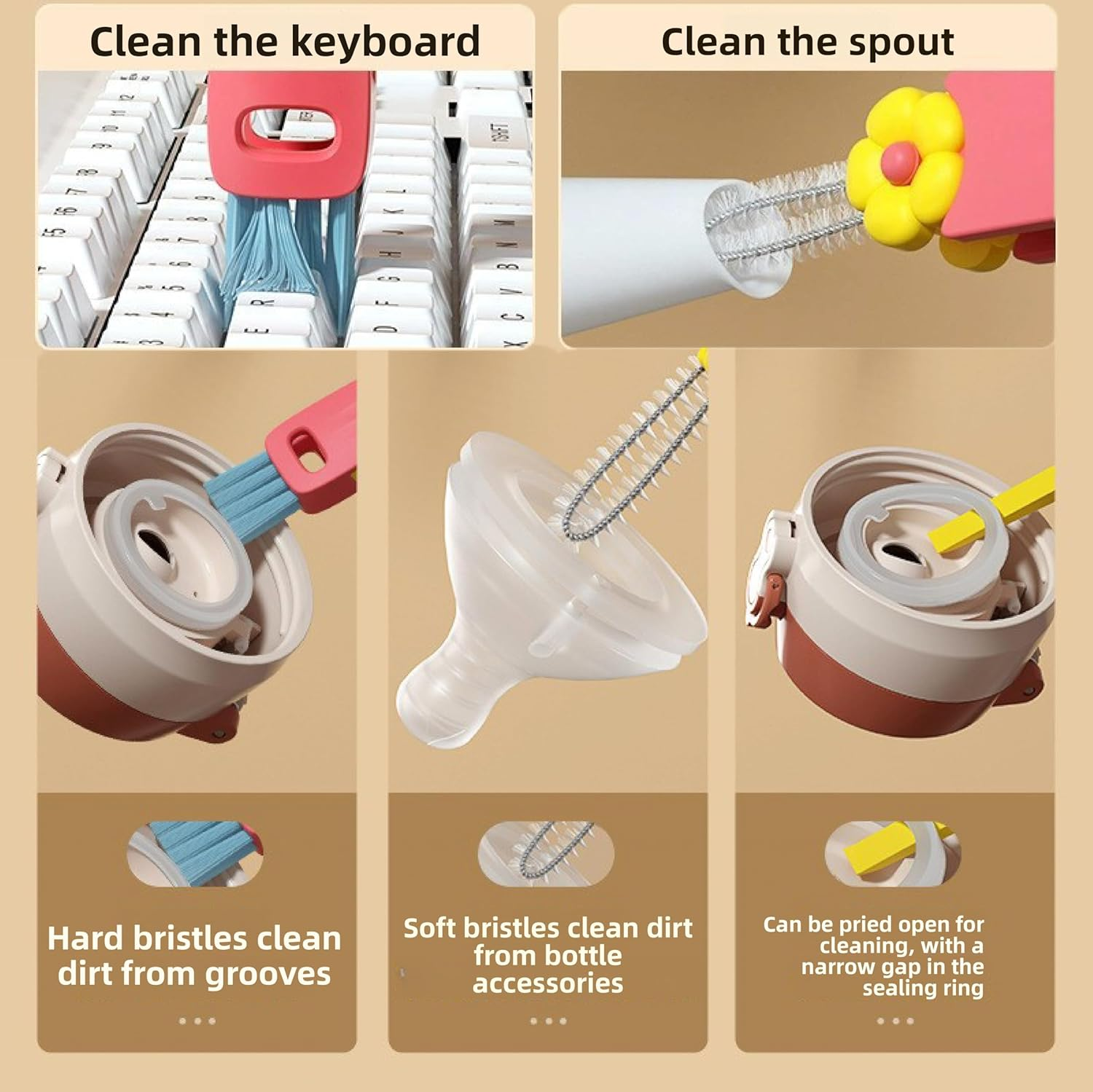 3-Pack, 3-In-1 Cup Lid Cleaning Brush, Suitable for Narrow Spaces between Baby Bottles, Multifunctional Cleaning Brush, Portable Cup Lid Cleaner image number 2