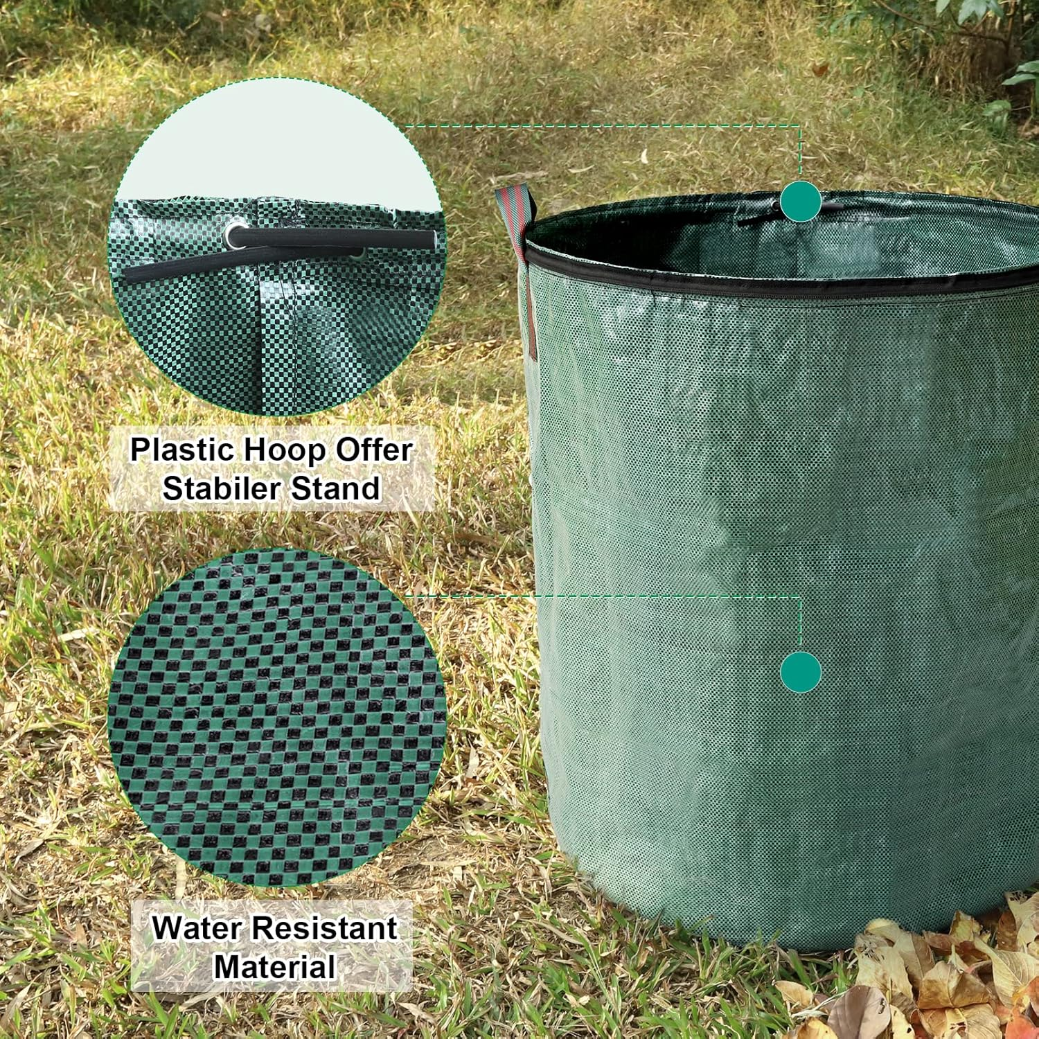 Large Garden Waste Bags with Lid and Zipper, 272 L Waterproof Heavy Duty Garden Leaf Waste Sacks with Handles,Foldable and Reusable ,Green, 2 PACK image number 3