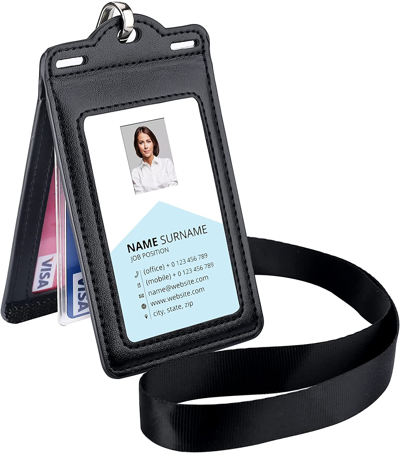 Badge Holder with 2 Lanyard Leather Easily Holds 1 to 6 Cards, Trifold Heavy Duty ID Card Holder, for Nurse Teacher School Medical Law Enforcement
