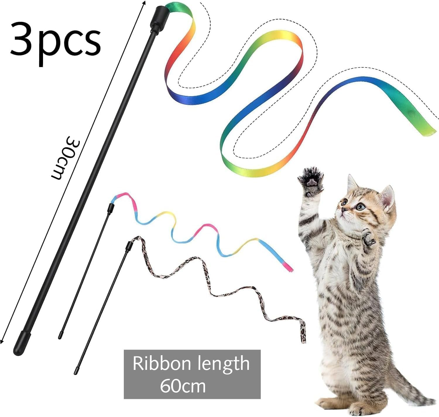 Luxiremi 3 Packs Cat Wall Toy Set, Colourful Fabric Ribbon Rainbow, Band Sticks, Teaser Wall, Interactive Cat Wall Toy with Rainbow Band String for Pet Kitten Training image number 3