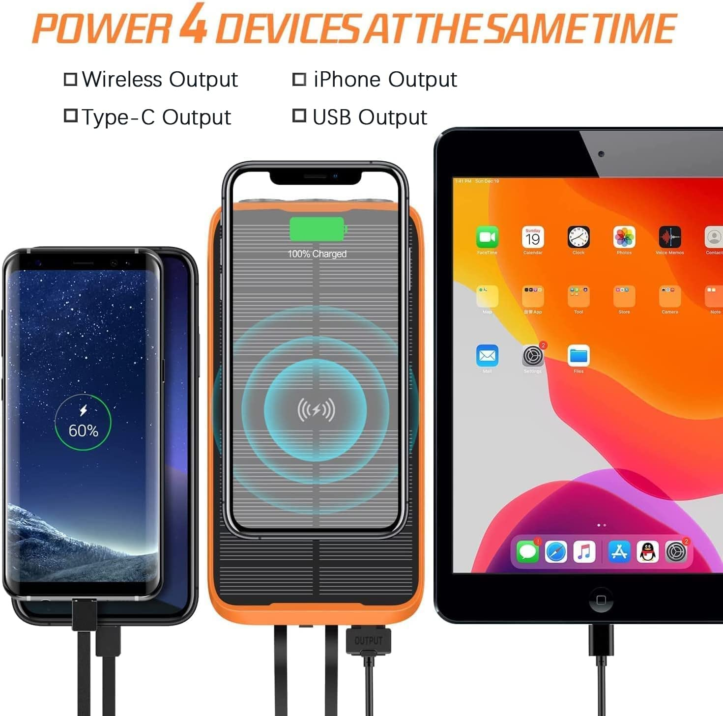2025 Upgraded Solar Power Bank, 26800Mah with 4X Foldable Solar Panels Built-In 2 Output & 1 Input Cables PD 20W QC3.0 18W Fast Charging and Qi 10W Wireless Charging 6W Solar Charging Portable Charger image number 6