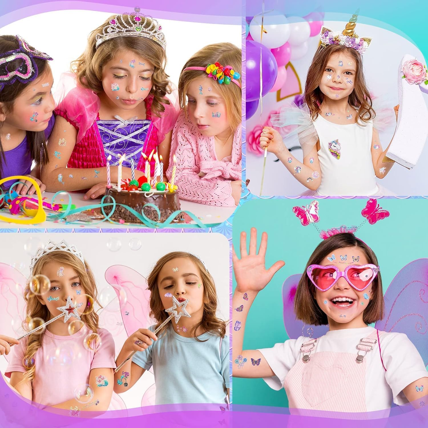 Taicols Glitter Temporary Tattoo for Girls, 24 Pcs Sheets Butterfly Mermaid Fairy Flowers Tattoo Stickers for Kids, Waterproof Fake Tattoos for Birthday Party Favors Goodie Bags Stuffers Party Fillers image number 3