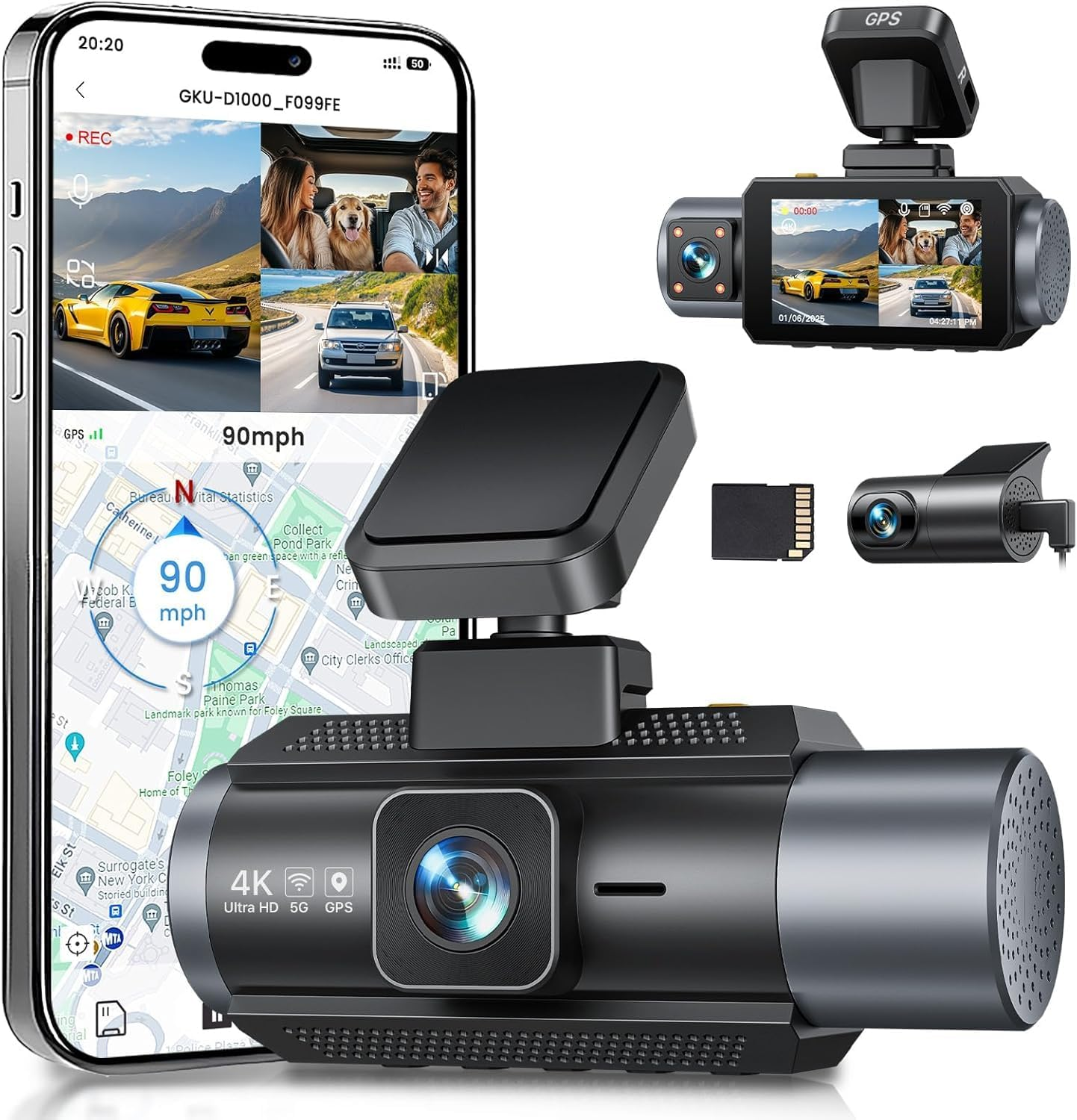 GKU 4K 3 Channel Dash Cam, 5.8Ghz Wifi Built-In GPS, 4K+1080P+1080P Dash Cam Front and Rear Inside, 64GB Card Inserted, 24H Park Mode, Triple Car Camera 3 Inch Screen image number 3