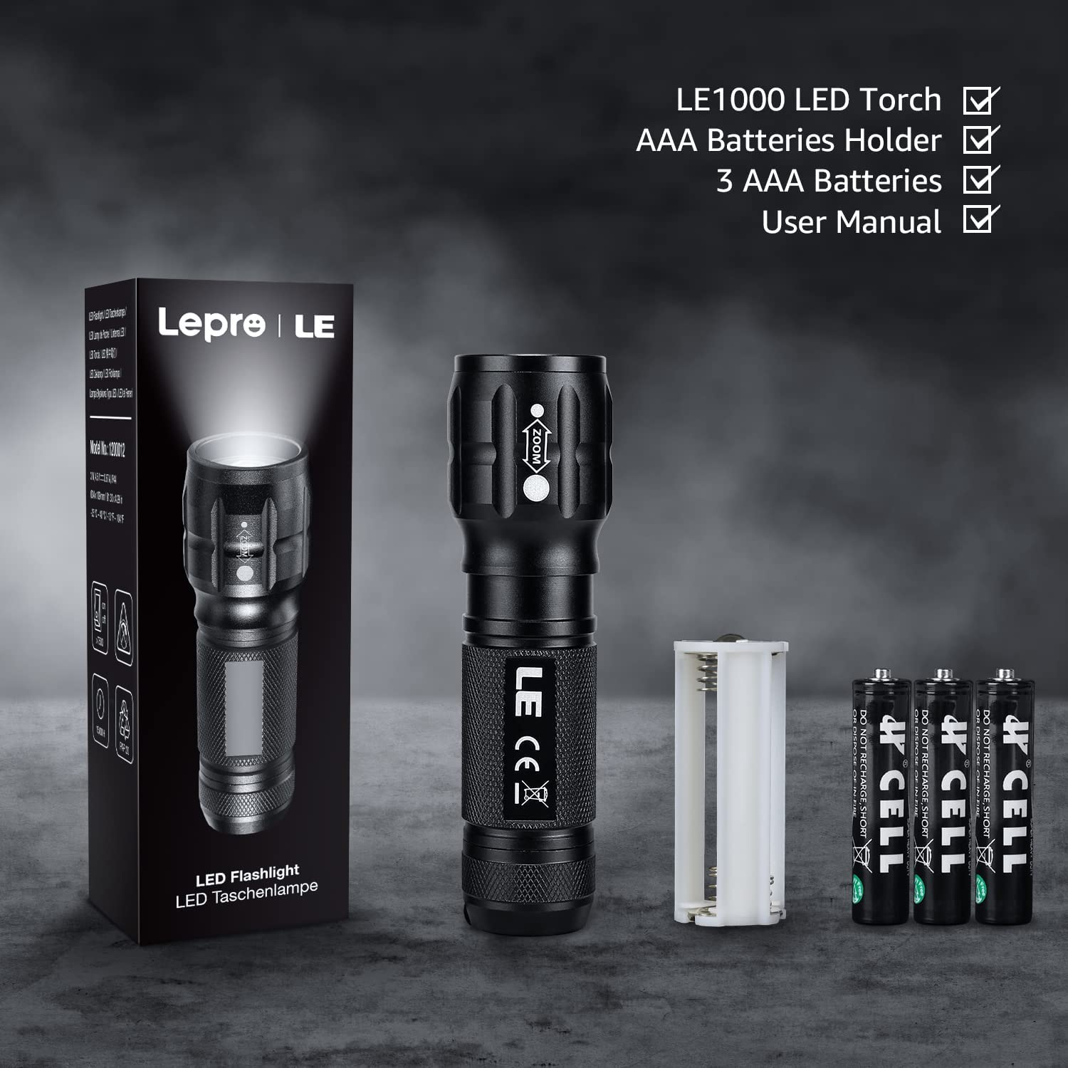 LE LED Torch, Super Bright Battery Powered Flashlight with Adjustable Focus, Waterproof, Handheld Tactical Mini Torches, Lightweight Flashlight for Emergency,Running, 3 AAA Batteries Included image number 4