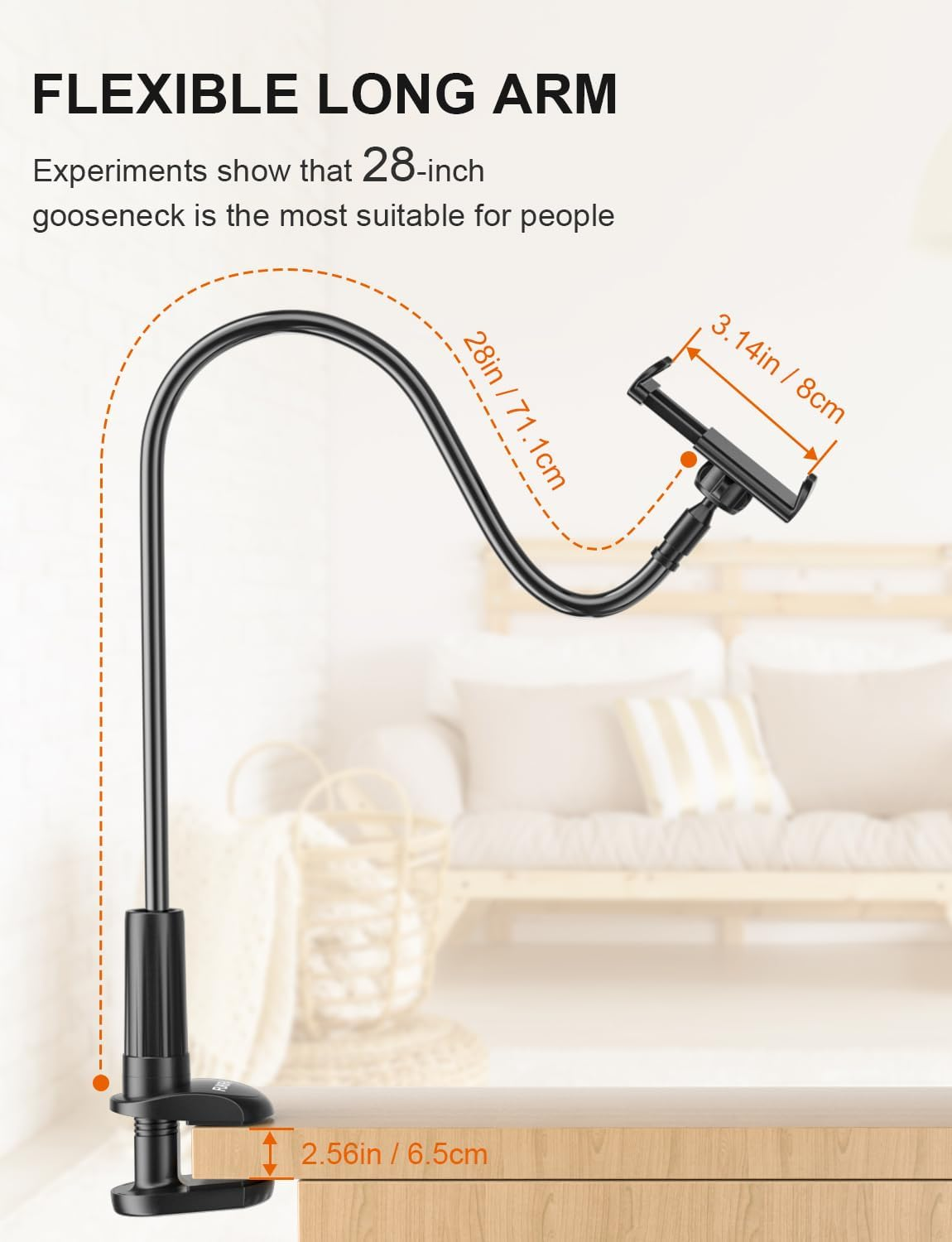 Phone Holder Bed Gooseneck Mount - FUKIFA Cell Phone Clamp Clip for Desk, Flexible Lazy Long Arm Headboard Bedside, Overhead Mobile Stand, Compatible with Iphone 15 14 Pro Max 13 12 Mini 11 8 Plus image number 5