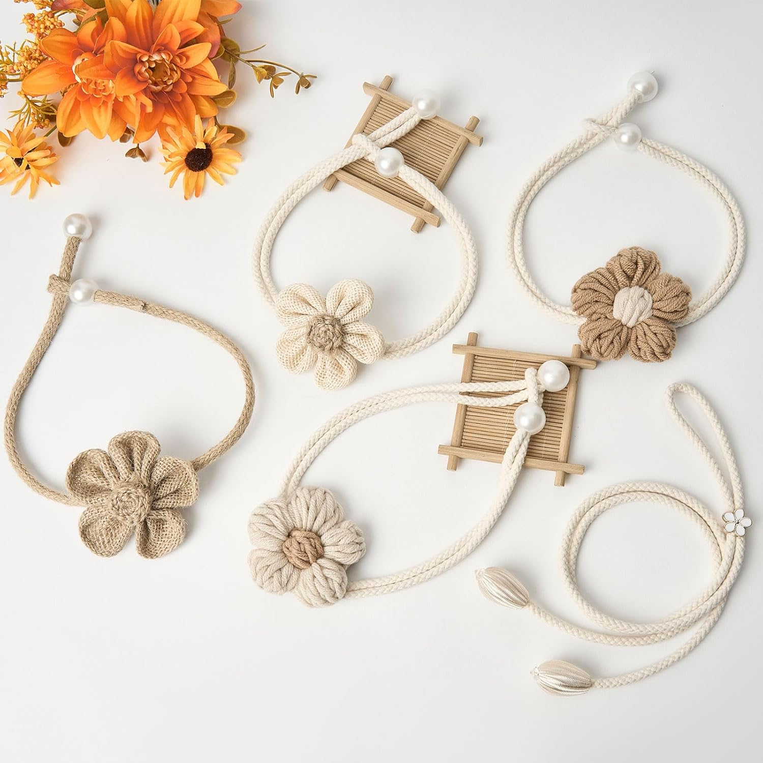 Pretty Jolly 4 Pack Cute Hand-Woven Flower Curtain Tiebacks Boho Farmhouse Style Home Decor Drape Tie Backs Adjustable Natural Cotton Rope Curtain Holdbacks for Home Office Window Draperies (C-Coffee) image number 4