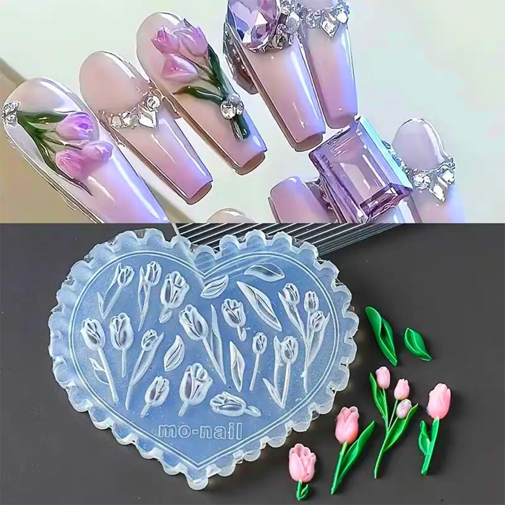 LIFOOST Tulip Flowers Silicone Molds 3D Gel Manicure Carving Mould Floral Nail Stencils Spring Summer Flowers Carved Nail Tools image number 4