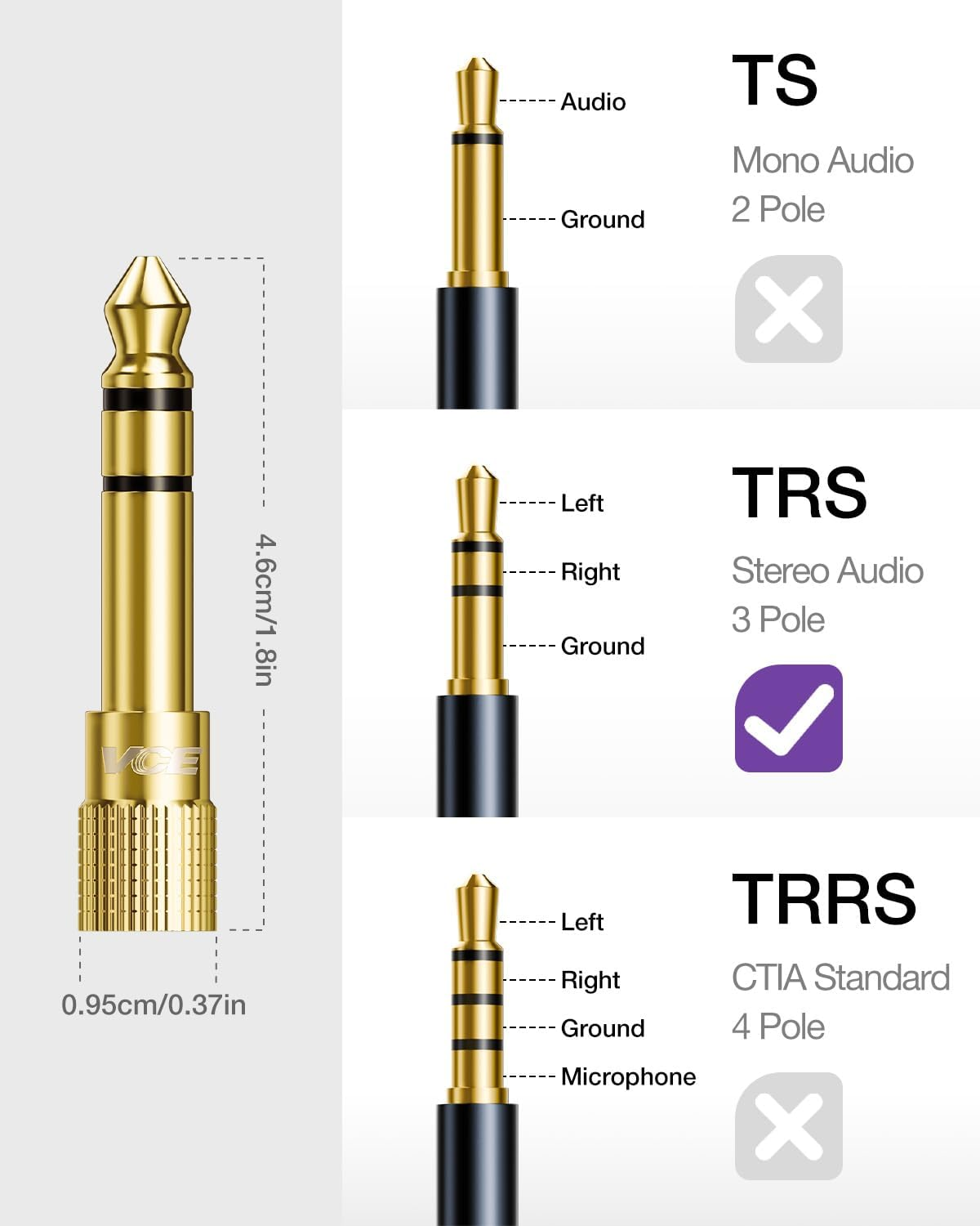 VCE 6.35Mm (1/4 Inch) Male to 3.5Mm (1/8 Inch) Female Stereo Audio Jack Adapter for Aux Cable, Guitar Amplifier, Headphone, 2 Pack image number 4
