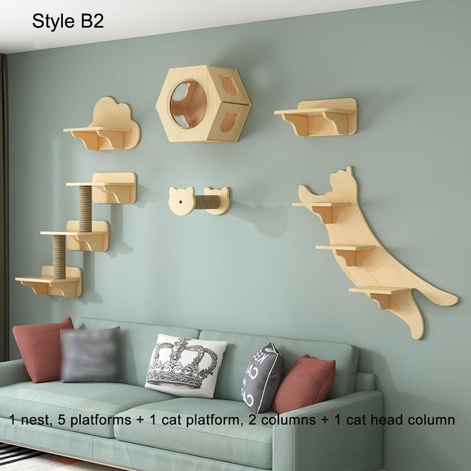 Wall-Mounted Cat Climber Set Cat Wall Shelves Cat Condo Wood Indoor Cat Tower with Cat Shelves image number 1
