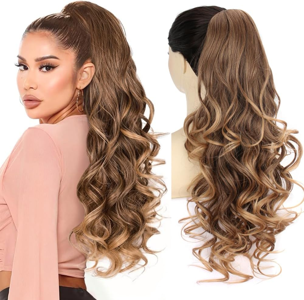 PORSMEER Ponytail Hairpiece with Clip, Claw Clip in Hair Extensions, 66 Cm Long Voluminous Wavy Ponytail Extension Hairpiece Braid Brown with Golden Highlights Colour for Women