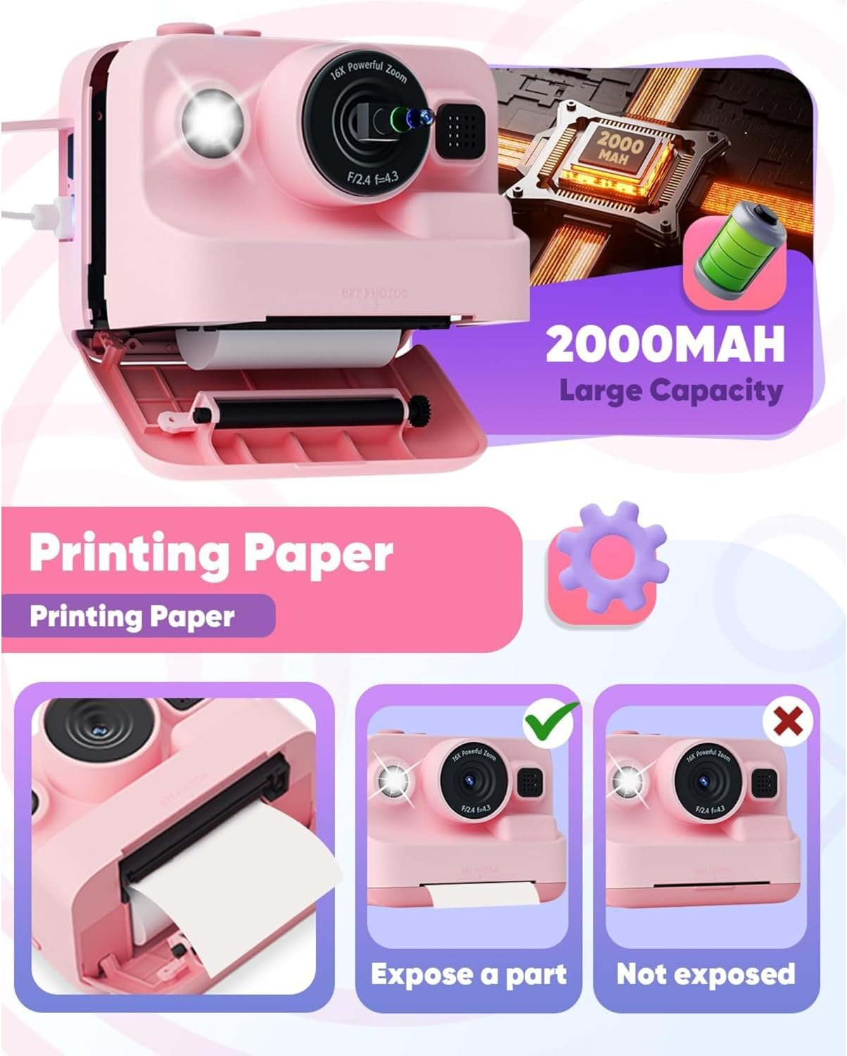 Kids Camera Instant Print, 1080P HD Instant Printing Camera with 3 Rolls Printing Paper & 32GB Card, Selfie Digital Camara for Kids, Ideal Toys Gifts for Boys & Girls Age 3-14 (Purple) image number 4
