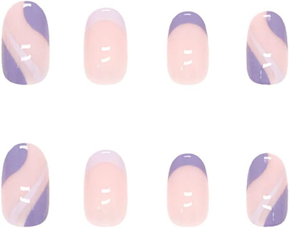 Rikview French Tip Press on Nails Short Fake Nails Oval Purple Nails for Women with Swirls Design