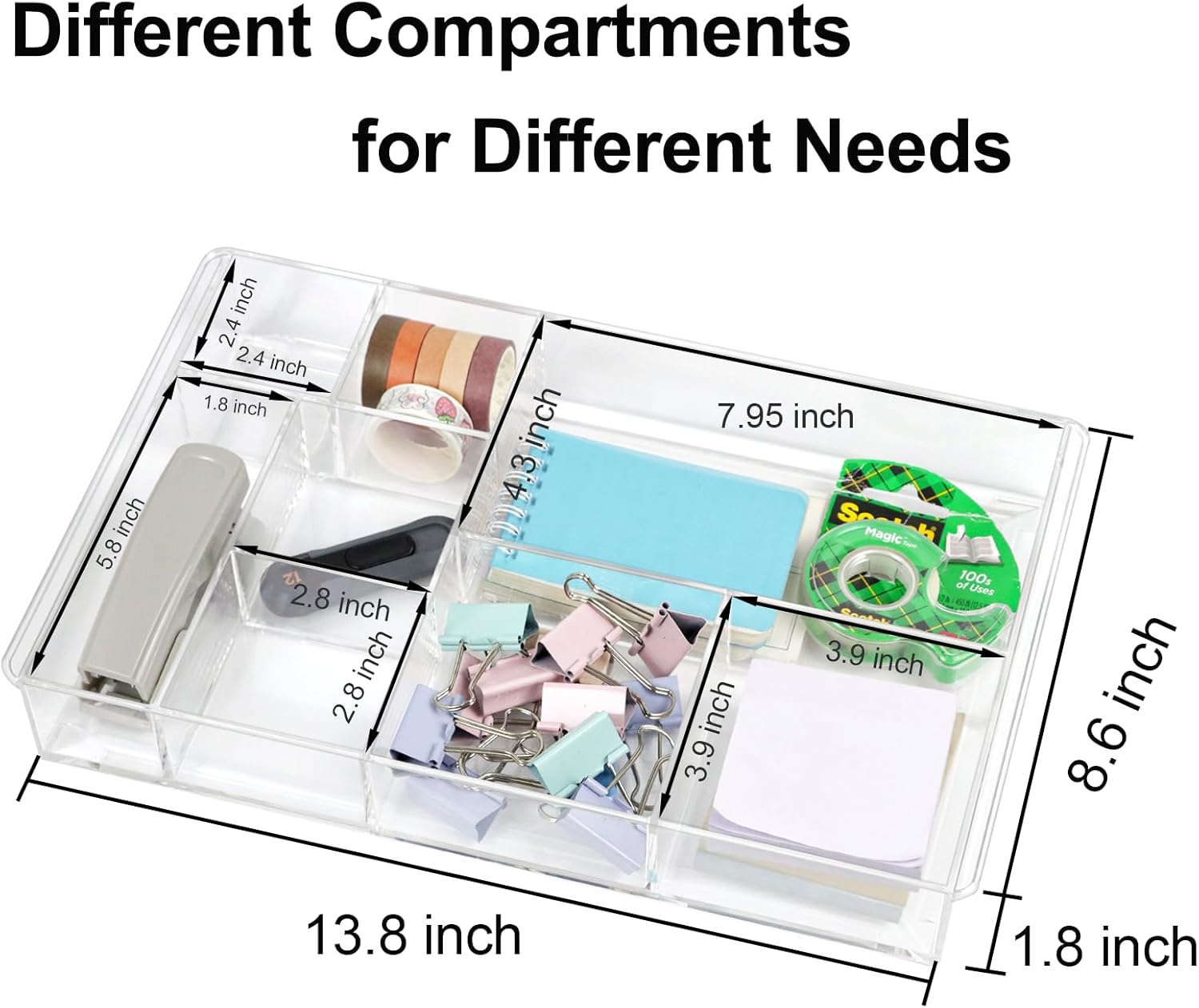 ZEXALOR 8-Section Clear Drawer Organizer, Large Acrylic Drawer Divider Tray for Desk,Bathroom,Office Makeup,Junk, Plastic Drawers Organizer 13.7" X 8.7" X 2" (8-Section) image number 2