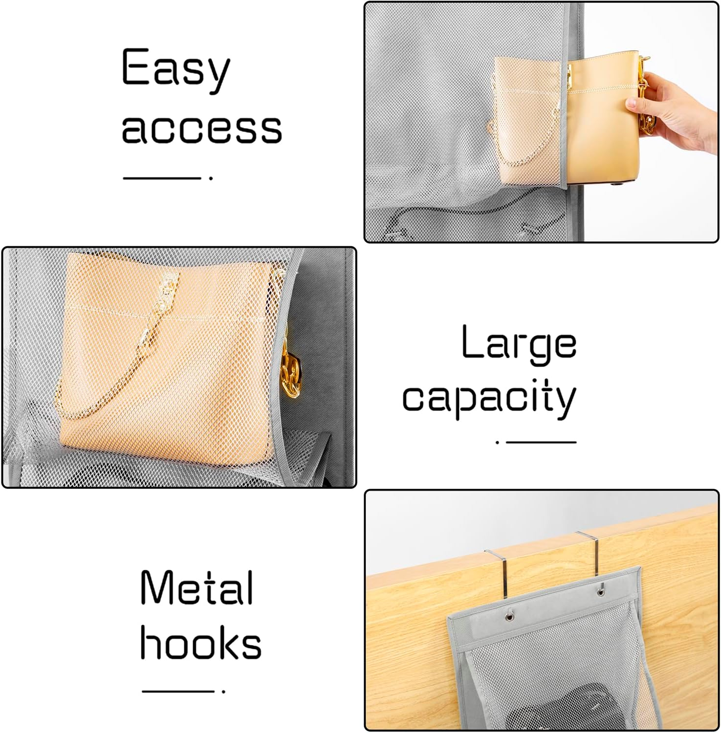 TEMUORG 2 Pcs Hanging Handbags Organizer Closet Scarf Clothes Towels Holder Purse Bag Storage with Easy Access Deep Pockets (One Side) image number 2