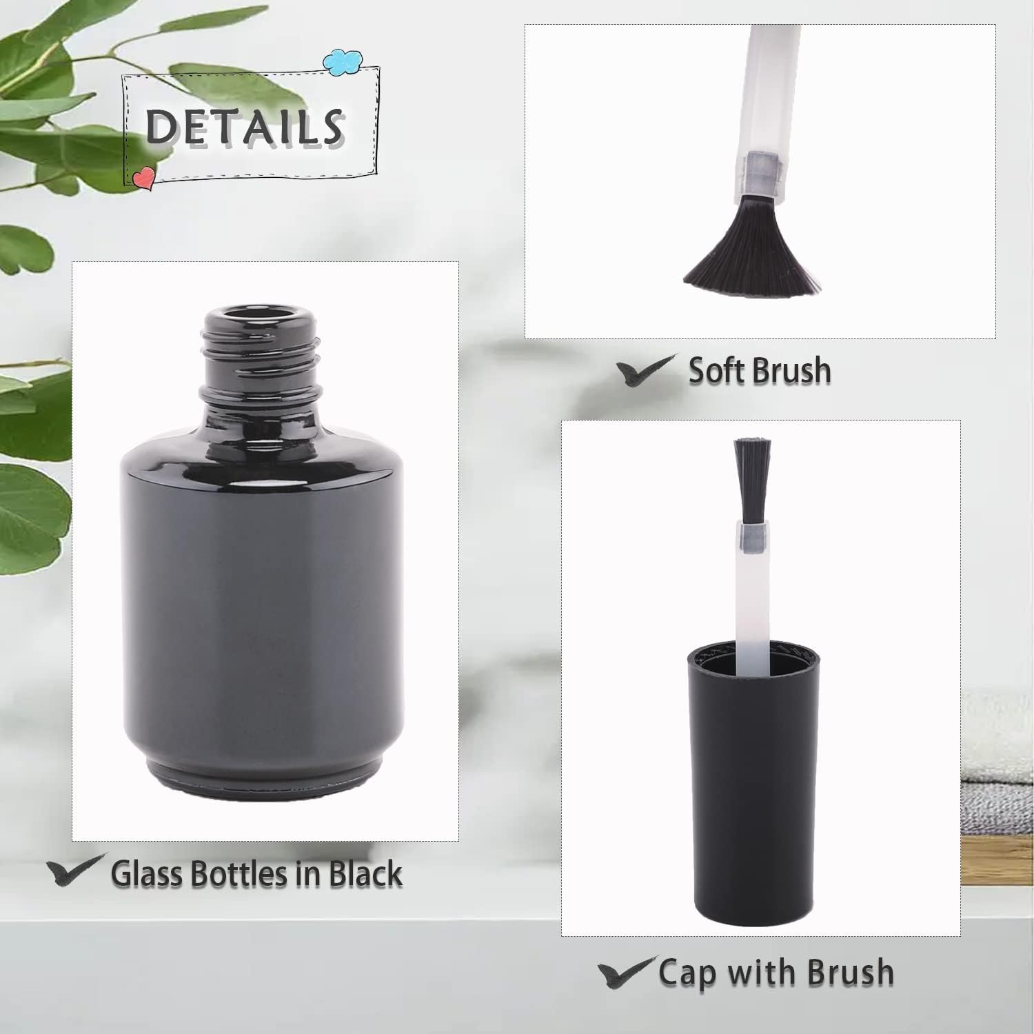 Agidea Empty Gel Nail Polish Bottles, 15ML Refillable Fingernail Polish Bottles with Brush, UV Safe with Mixing Balls & Funnels, Pack of 20 (Bright Black) - Matte Black image number 4