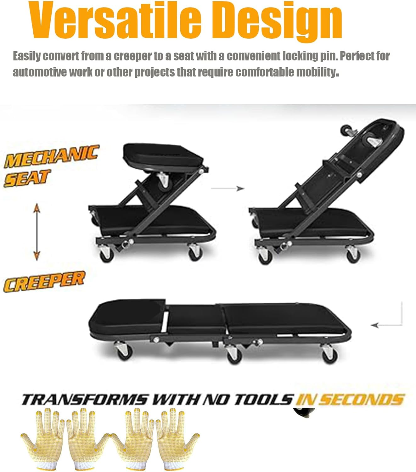 36 Inches 2 in 1 Z Creeper Seat 300 Lbs Capacity Garage Chair Adjustable Rolling Folding Car Creeper with 6 Pcs Wheels, Black, Modern Style image number 5