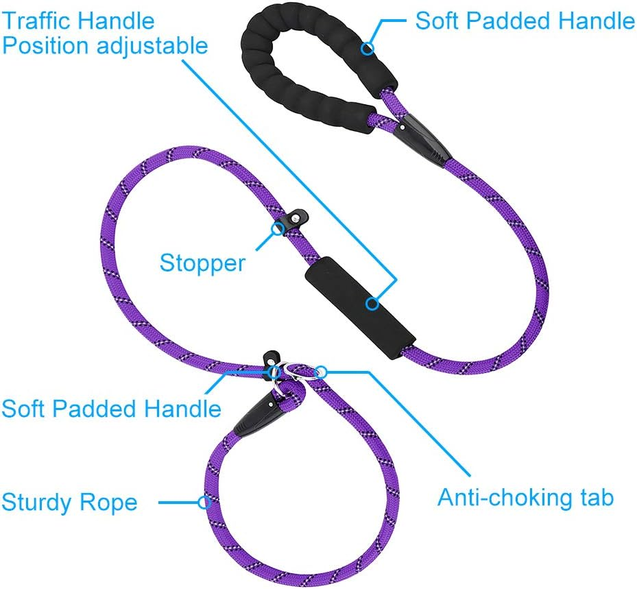 PLUTUS PET Slip Lead Dog Leash - Anti-Choking with Traffic Padded Two Handles, Reflective Strong Sturdy Heavy Duty Rope, 6FT Training for Medium Large Dogs, 6' Violet image number 5