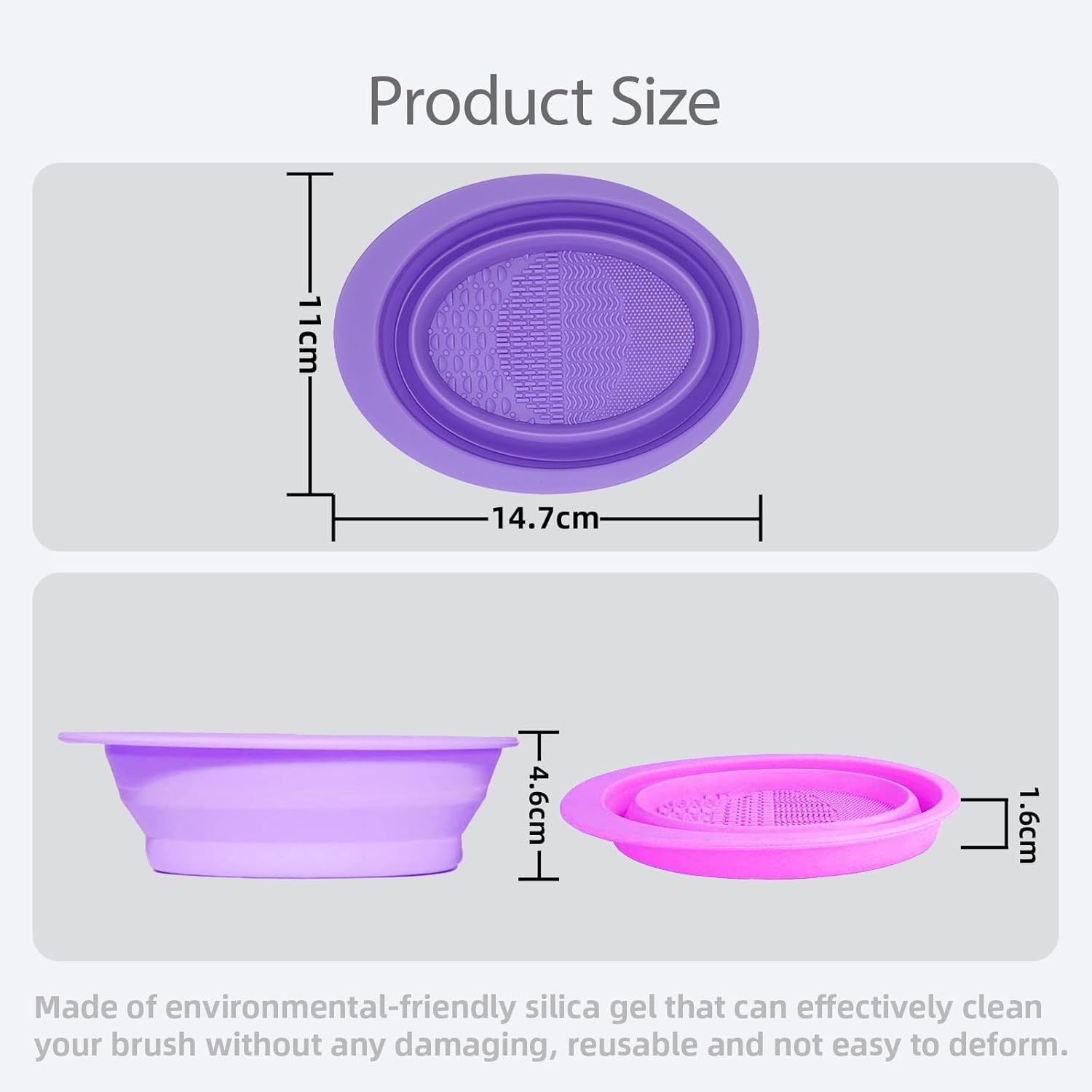 Hzqzaoan 2 Pcs Foldable Silicone Makeup Brush Cleaner Bowl, Makeup Brush Cleaning Mat Foldable Environmental Silicone Cleaning Bowl, Portable Cleaning Tool for Brushes/Puffs/Sponges (Purple + Pink) image number 2