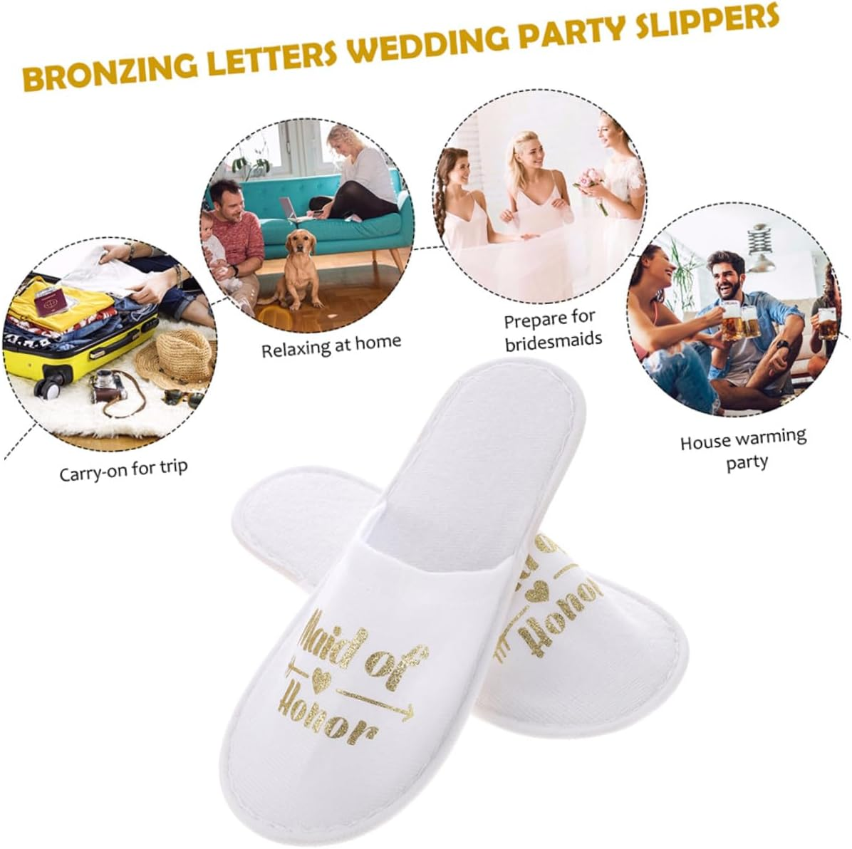 Gatuida Disposable Gold Maid of Honor Wedding Slippers for Bridesmaids, 2 Pairs Fabric Party Footwear with Gold Foil Lettering, Non-Slip Cloth Slippers for Bridal Shower and Pajama Party