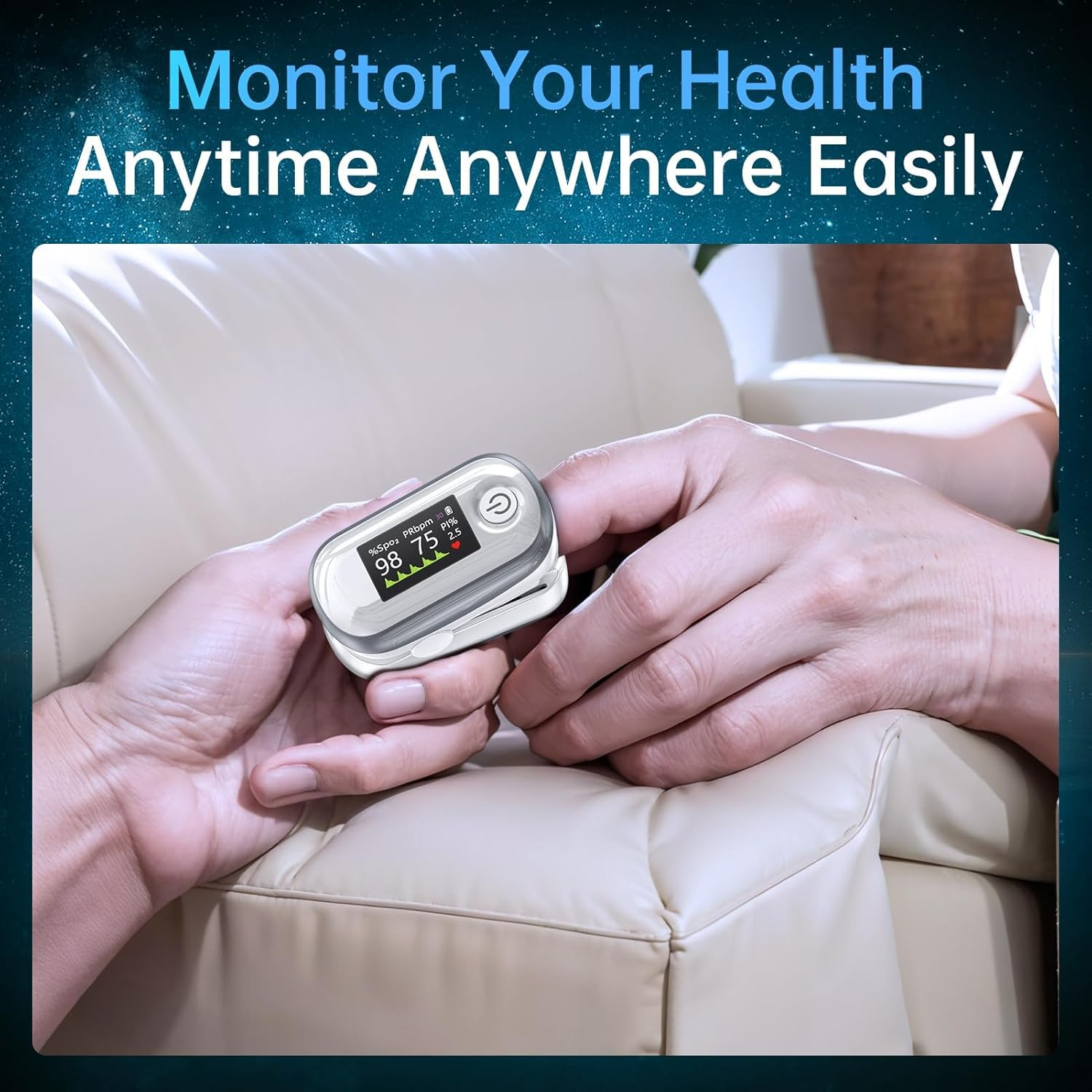 Pulse Oximeter, 4 Color OLED Display Oxygen Monitor Fingertip with 20 &times; Memory, Blood Oxygen Saturation Monitor (Spo2), Alarm & Brightness Adjustable, Batteries & Lanyard image number 1