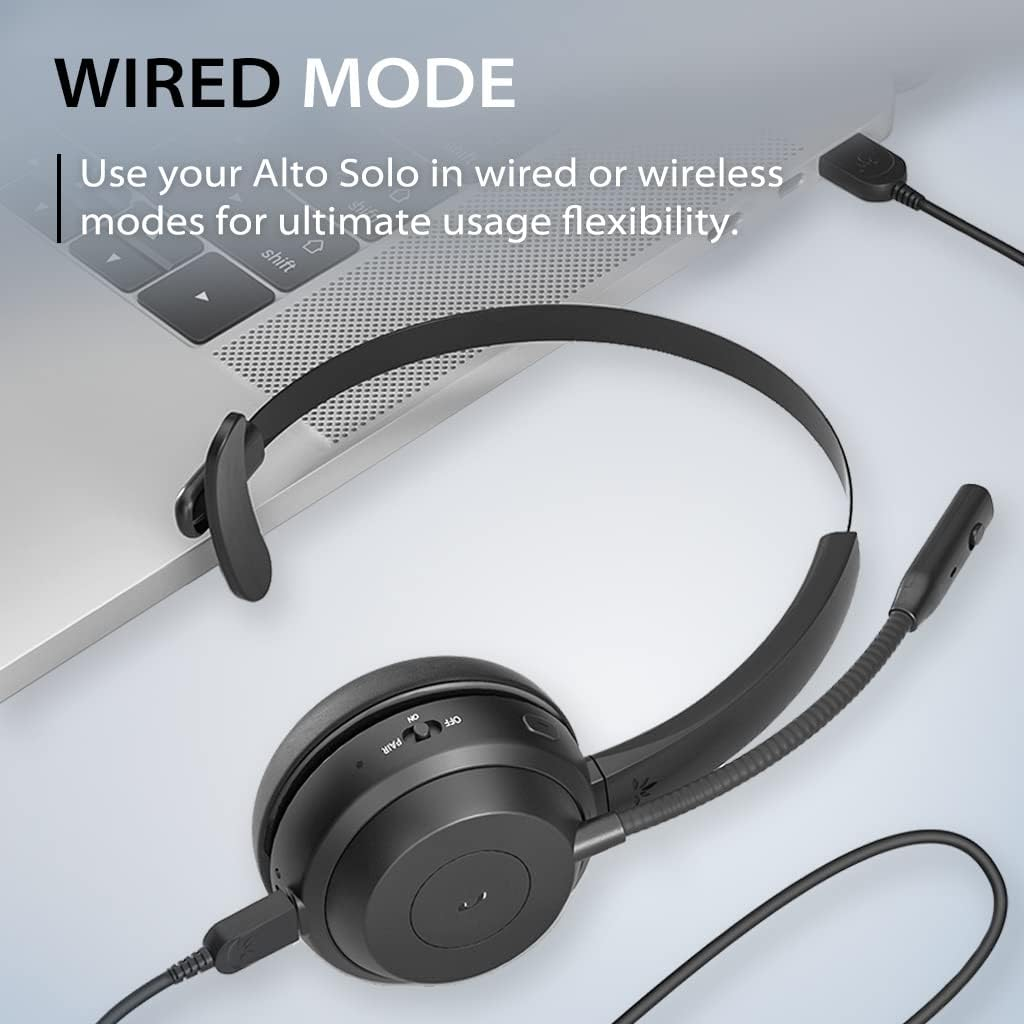 Avantalk Alto Solo - Wireless Headset with Microphone for Work, Headphones with Qualcomm Bluetooth Solution, CVC Noise-Canceling for PC, Computer & Laptop, Charging Stand, Mute Button, Wired Option