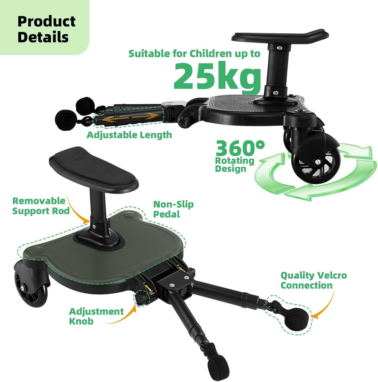 OGL Universal Stroller Board with Seat Attachment &ndash; Stand or Sit Ride-On Stroller Step Board for Toddlers, Adjustable Connector for Most Strollers, Shock-Absorbing Wheels, Holds up to 25Kg