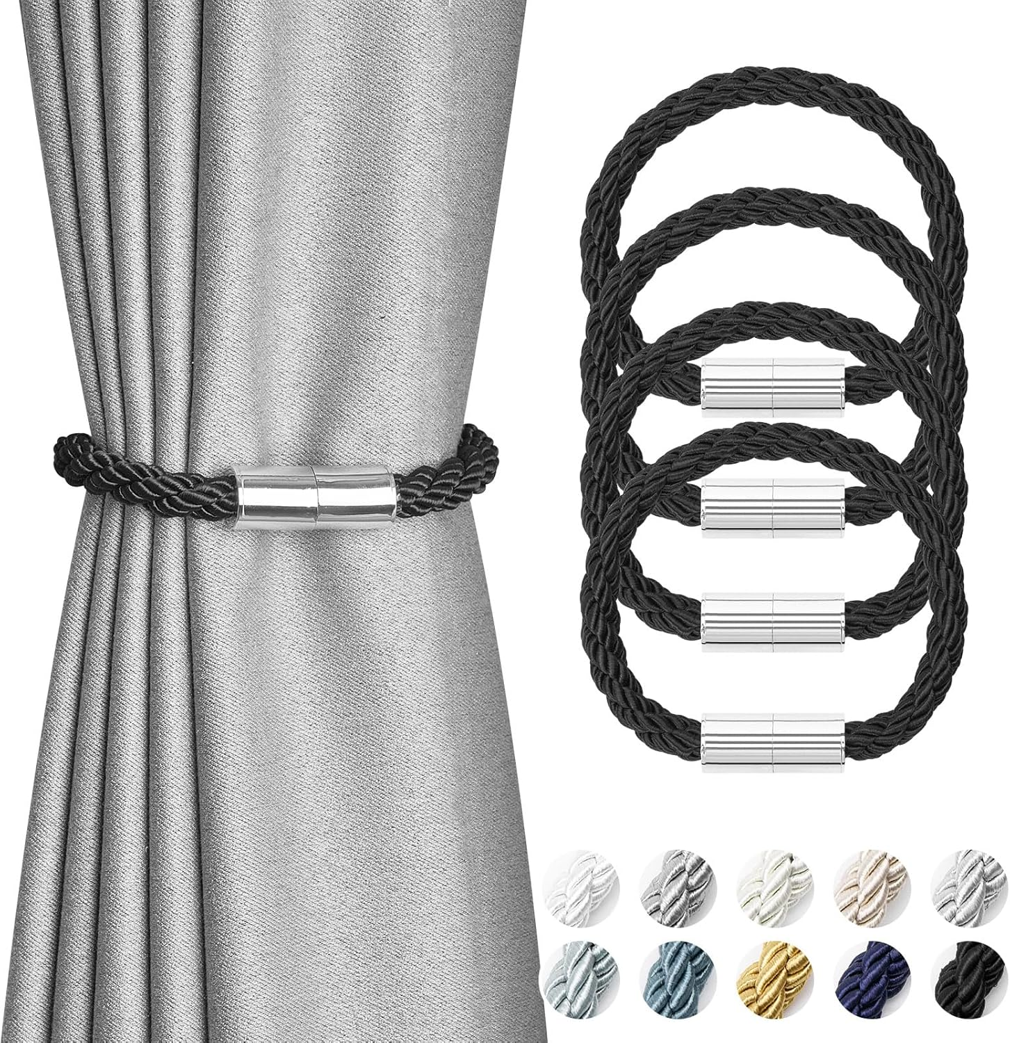 Pretty Jolly 2 Pack Mini Magnetic Curtain Tiebacks Modern Simple Style Drape Tie Backs Elegant Decorative Weave Rope Curtain Holdbacks for Home & Office Thin Window Draperies (Black)