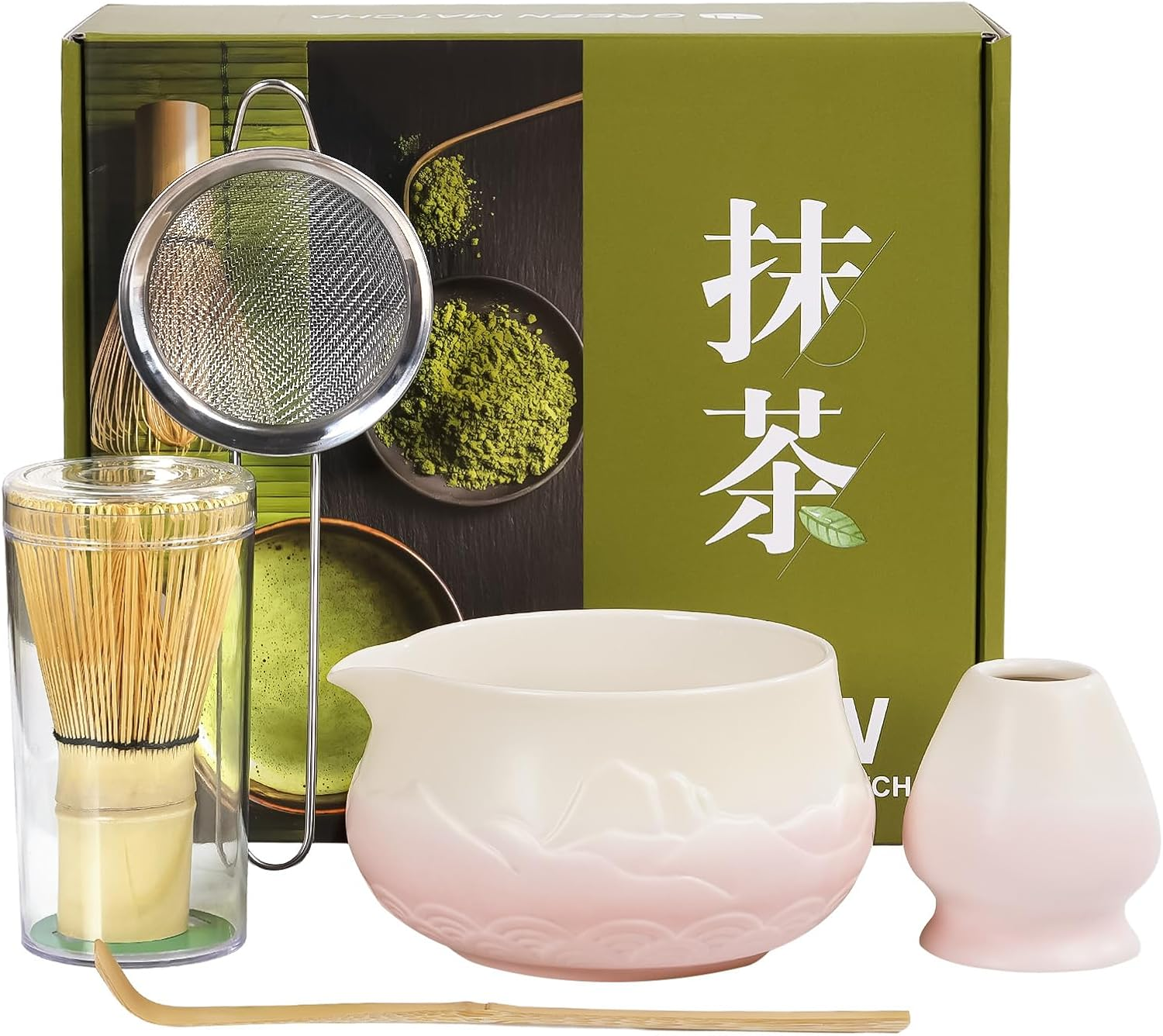 5 Pcs Matcha Whisk Set, Japanese Matcha Set, Ceramic Matcha Bowl with Spout, Matcha Whisk Holder, Bamboo Matcha Whisk, Stainless Sifter, and Scoop for Matcha Tea Ceremony image number 4