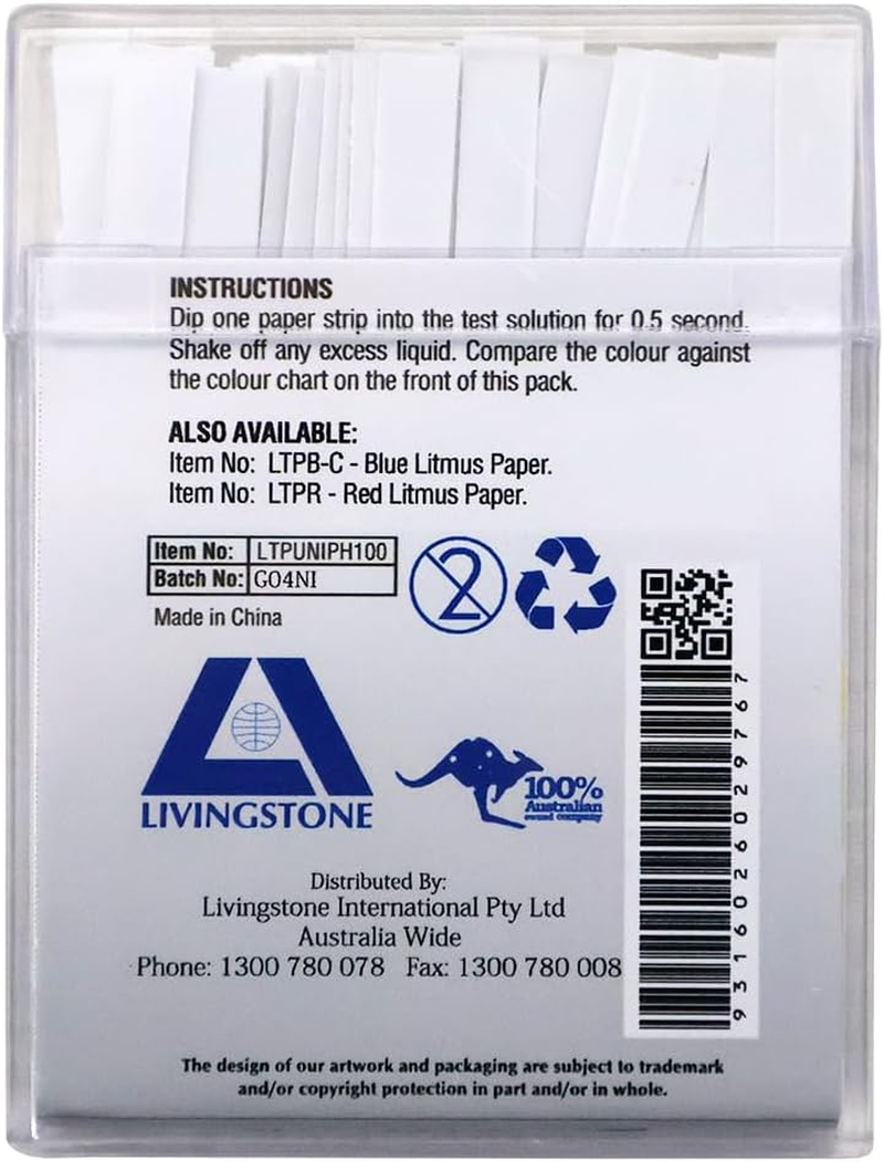 Livingstone Universal Ph Indicator Strips Litmus Paper, Ph 0 to 14 with Colour Chart, Biodegradable, 100 Tests/Pack