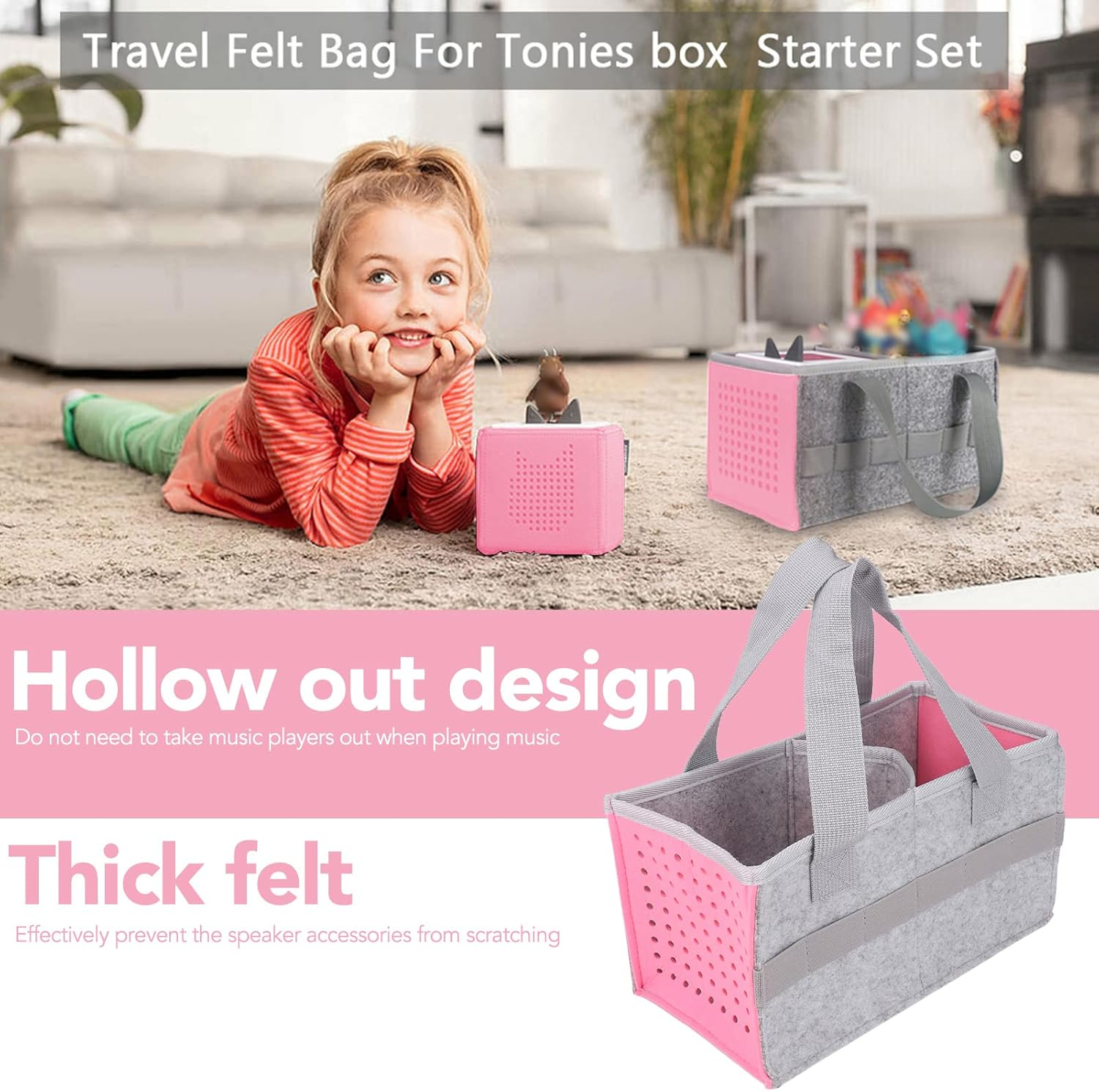 Case for Toniebox Starter Set, Large Space Portable Felt Home Outdoor Hand Bag, Foldable Tonies Carrying Case with Partition, 6 Elastic Straps, for Tonies Audio Player and Dolls - Pink image number 3