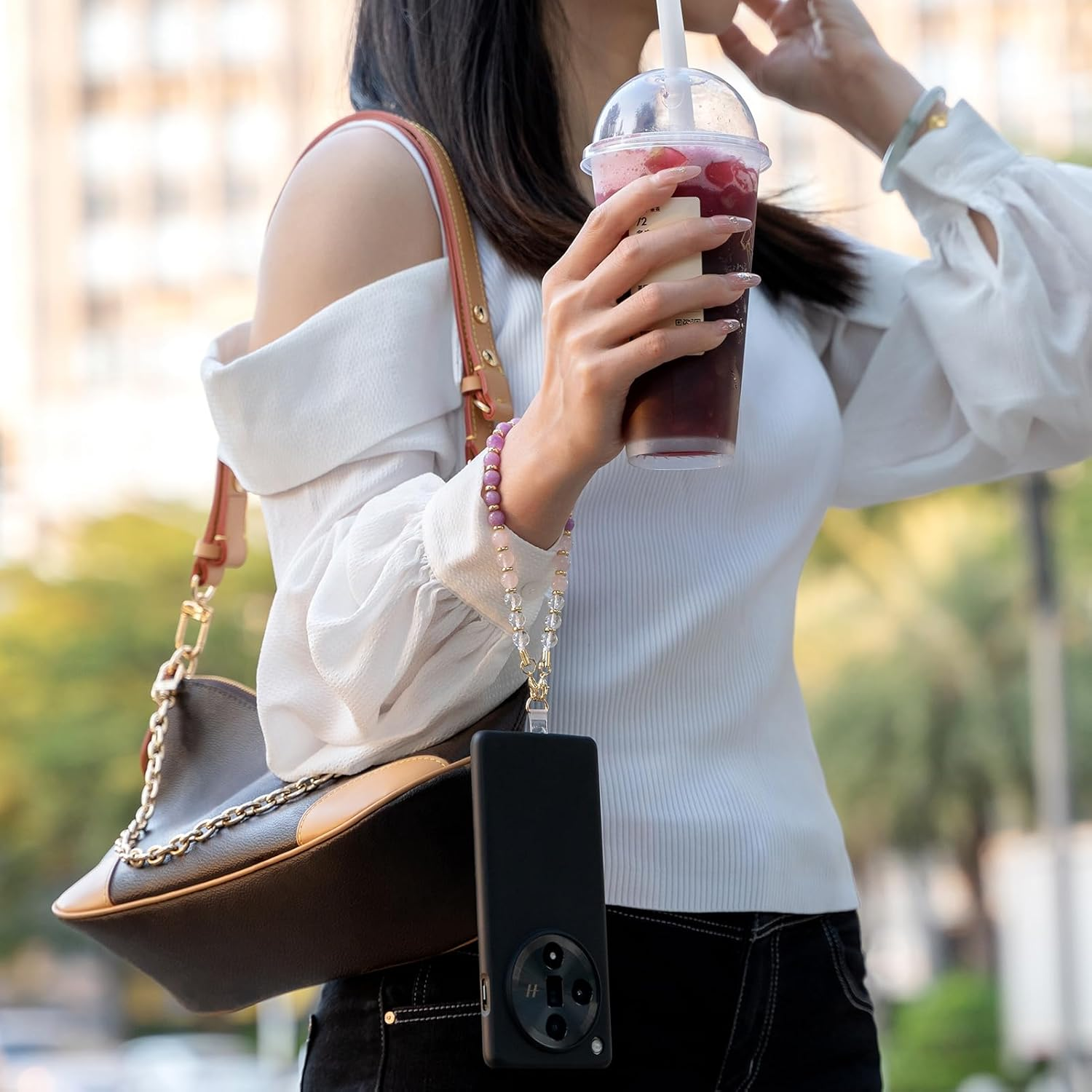 Universal Phone Chain Cell Phone Charm Hand Wrist Strap Lanyard Beaded Phone Chain for Women Girls White - Green Color-Au image number 5