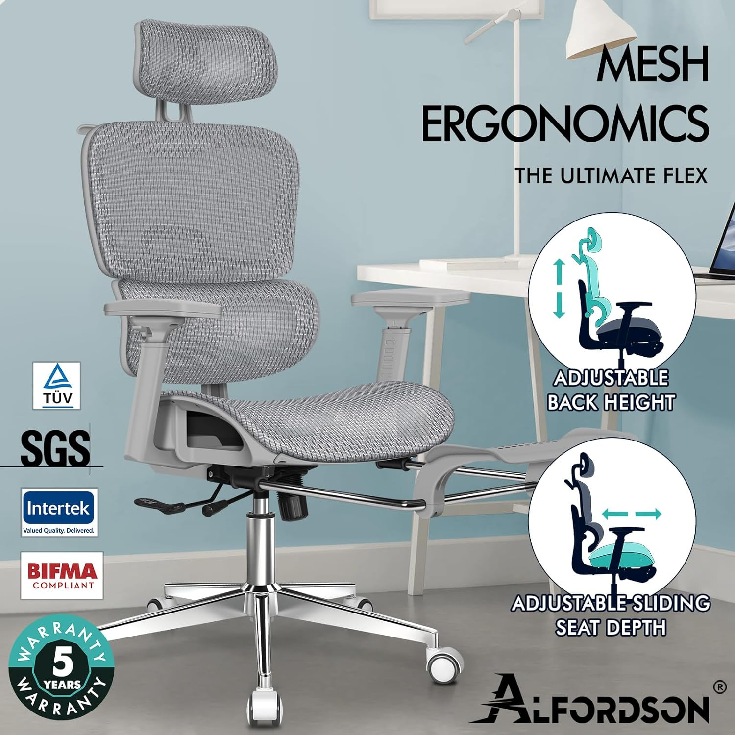 ALFORDSON Ergonomic Office Gaming Chair with 3D Armrest Prox Series, Executive Study Chair with Adjustable Lumbar Support, Computer Desk Mesh Chair with Adjustable Headrest & Footrest, All Grey image number 5