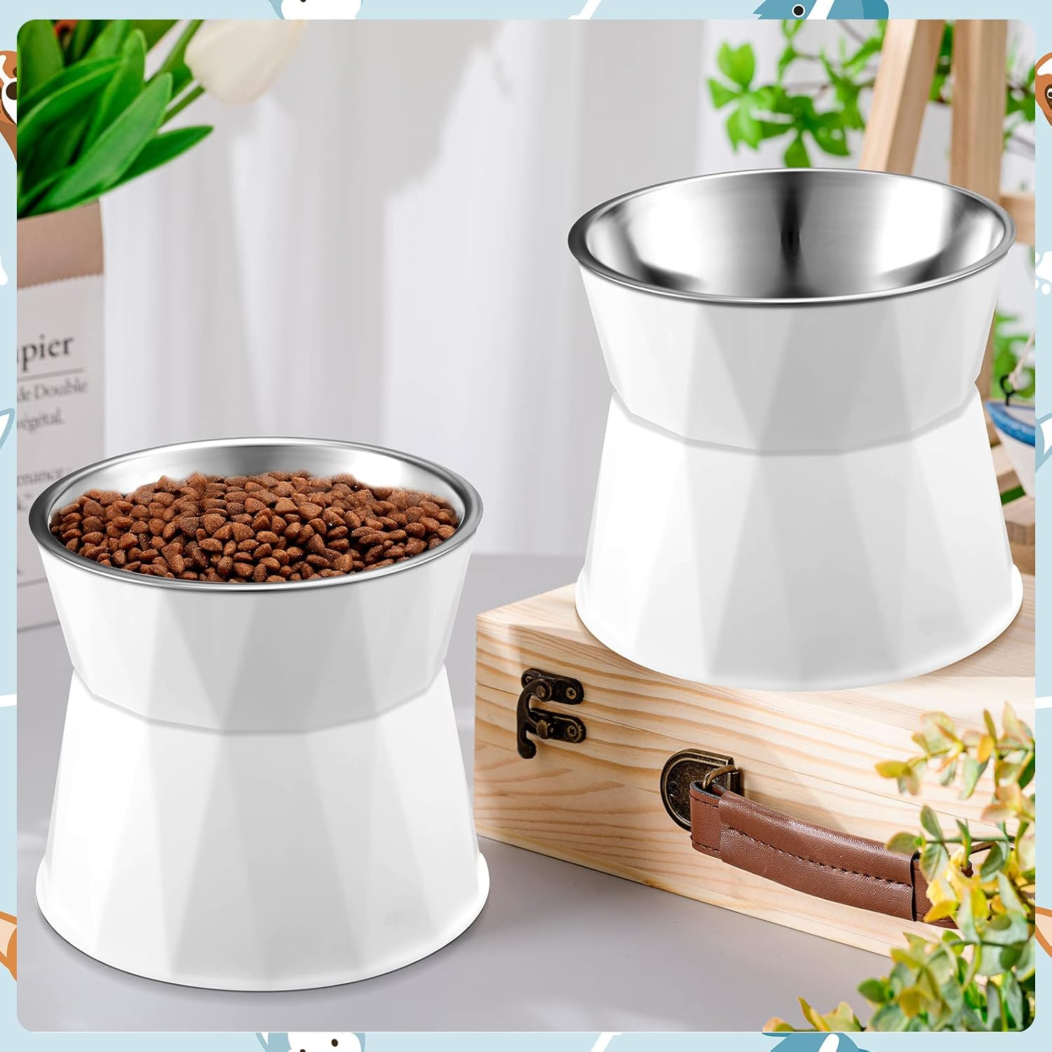 Lallisa 2 Pcs Elevated Cat Bowls Adjustable Raised Cat Feeder Non Slip Food Water with Stand Safe Stainless Steel Bowls with Pet Food Stand for Pets Feeding Eating(White) - White image number 2