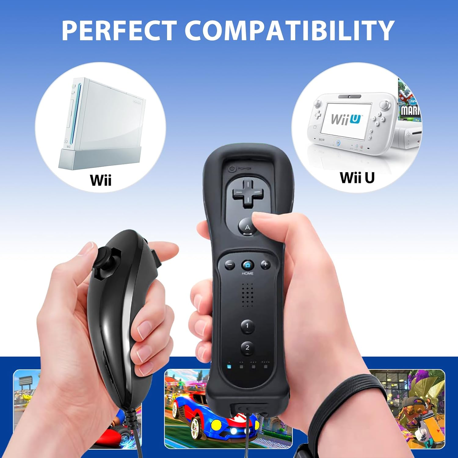 PZL 2 Pack New Remote with Nunchuck for Wii Controller, Compatible with Nintendo Wii/Wii U, with Silicone Case - White and Black image number 5