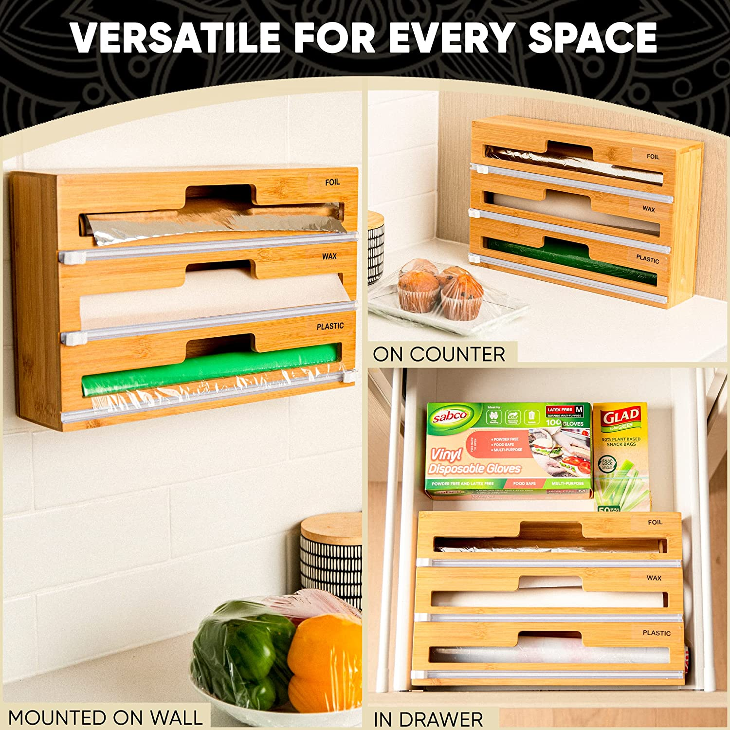 3 in 1 Wrap Dispenser with Cutter &ndash; Glad Wrap and Foil Dispenser Fits 30 Cm Rolls ONLY &ndash; Kitchen Drawer Organiser for Foil and Cling Wrap Compatible with All Brands for Cling Plastic Foil Baking Paper image number 1